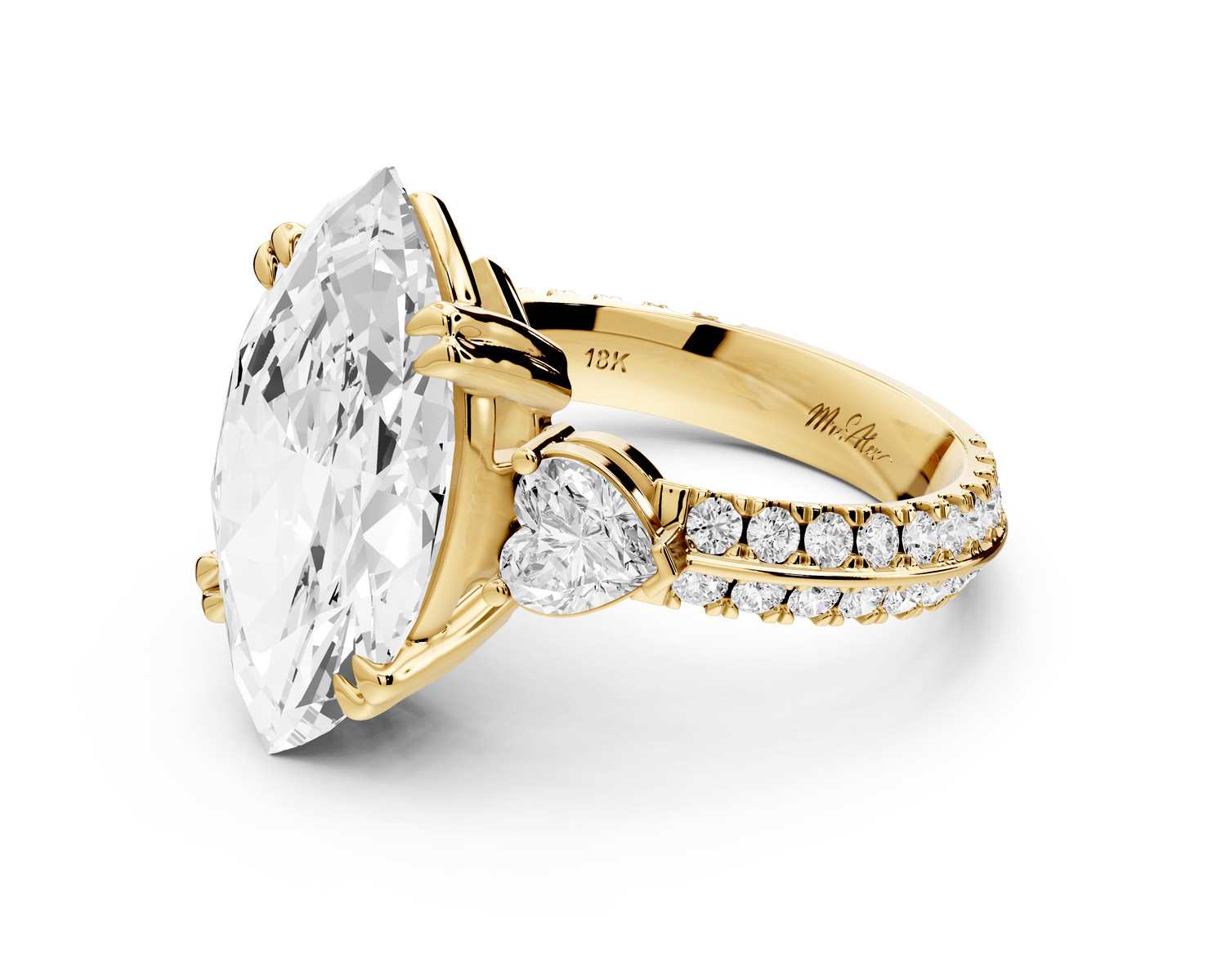 Elinor - 5ct 14k yellow gold marquise diamond Double talon prongs with two heart side stones and rollover pavé engagement ring - Mr. Alex Jewelry