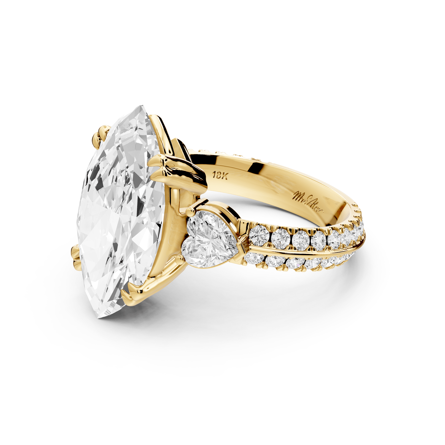 Elinor - 5ct 14k yellow gold marquise diamond Double talon prongs with two heart side stones and rollover pavé engagement ring - Mr. Alex Jewelry