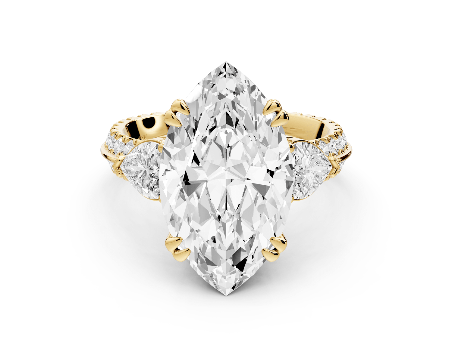 Elinor - 5ct 14k yellow gold marquise diamond Double talon prongs with two heart side stones and rollover pavé engagement ring - Mr. Alex Jewelry