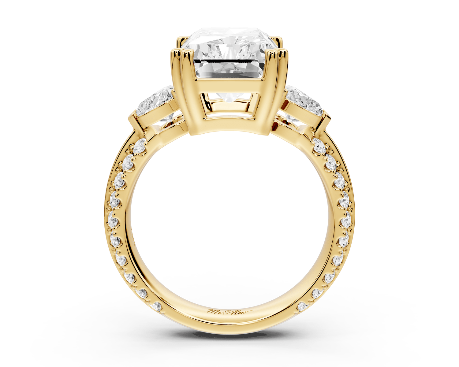 Elinor - 5ct 14k yellow gold radiant diamond Double talon prongs with two heart side stones and rollover pavé engagement ring - Mr. Alex Jewelry