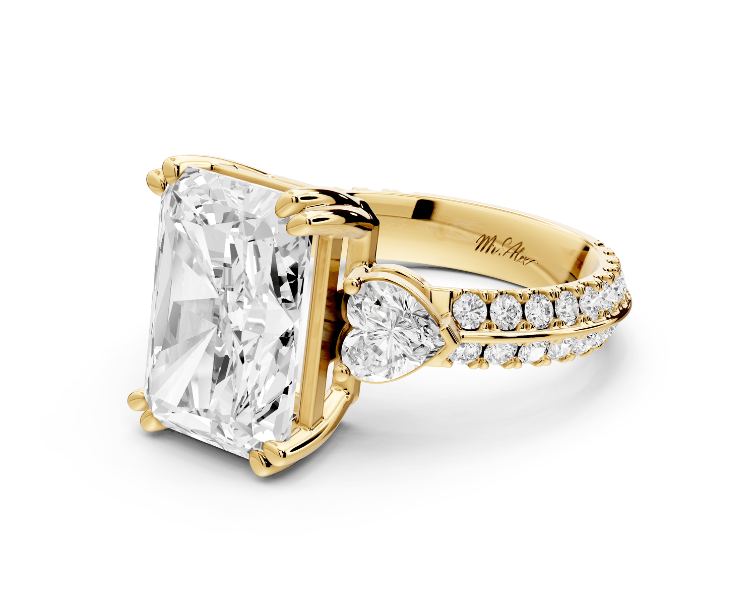 Elinor - 5ct 14k yellow gold radiant diamond Double talon prongs with two heart side stones and rollover pavé engagement ring - Mr. Alex Jewelry