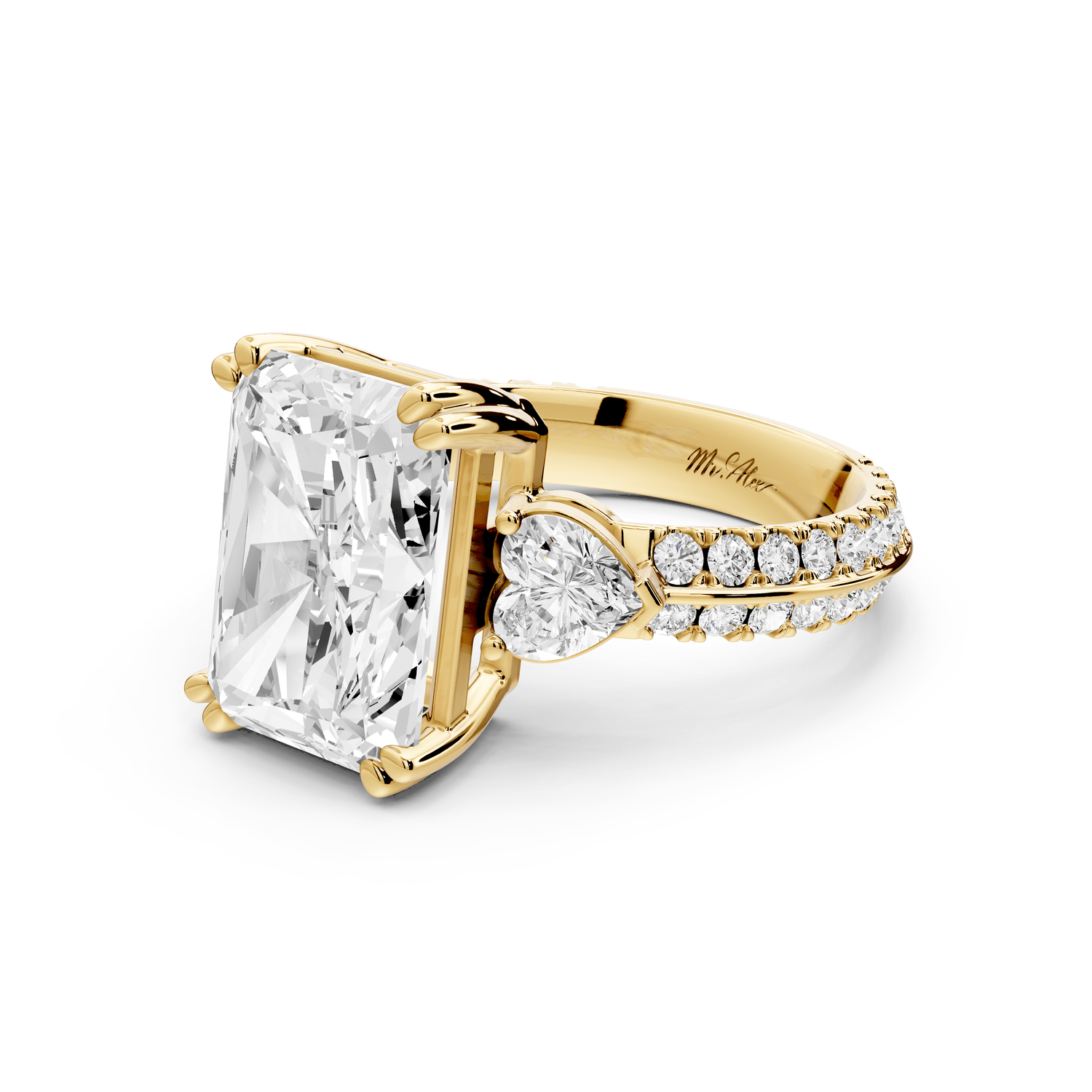 Elinor - 5ct 14k yellow gold radiant diamond Double talon prongs with two heart side stones and rollover pavé engagement ring - Mr. Alex Jewelry