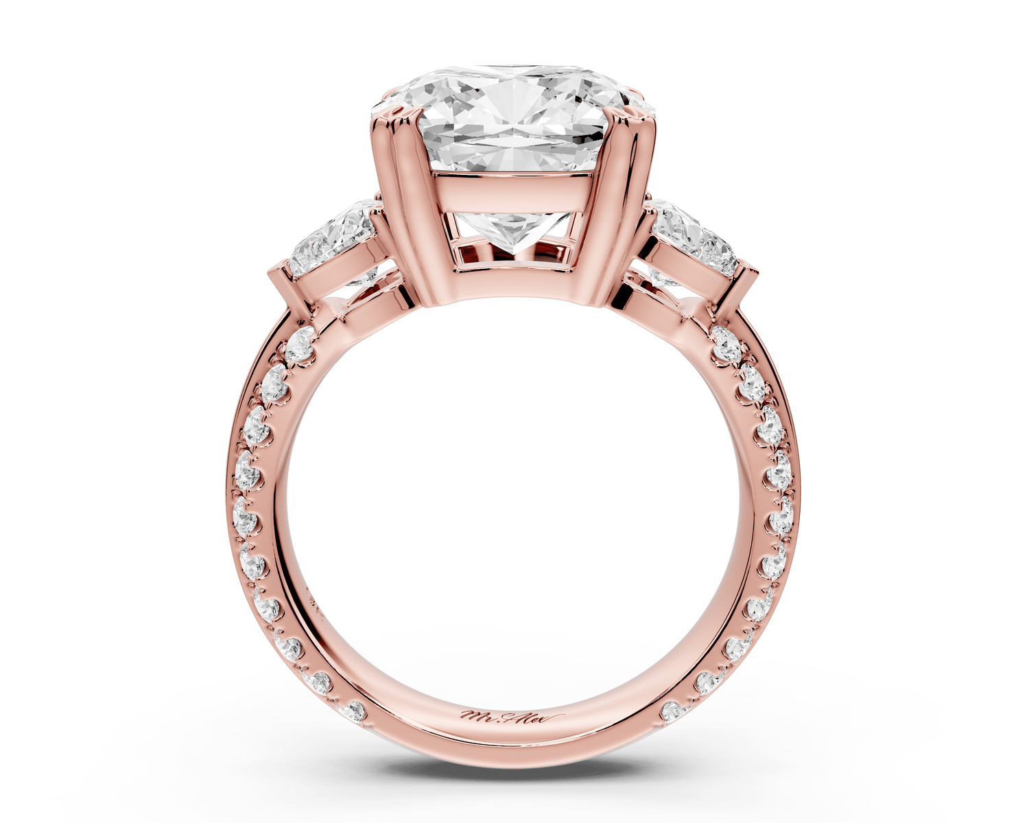 Elinor - 5ct 18k rose gold cushion diamond Double talon prongs with two heart side stones and rollover pavé engagement ring - Mr. Alex Jewelry