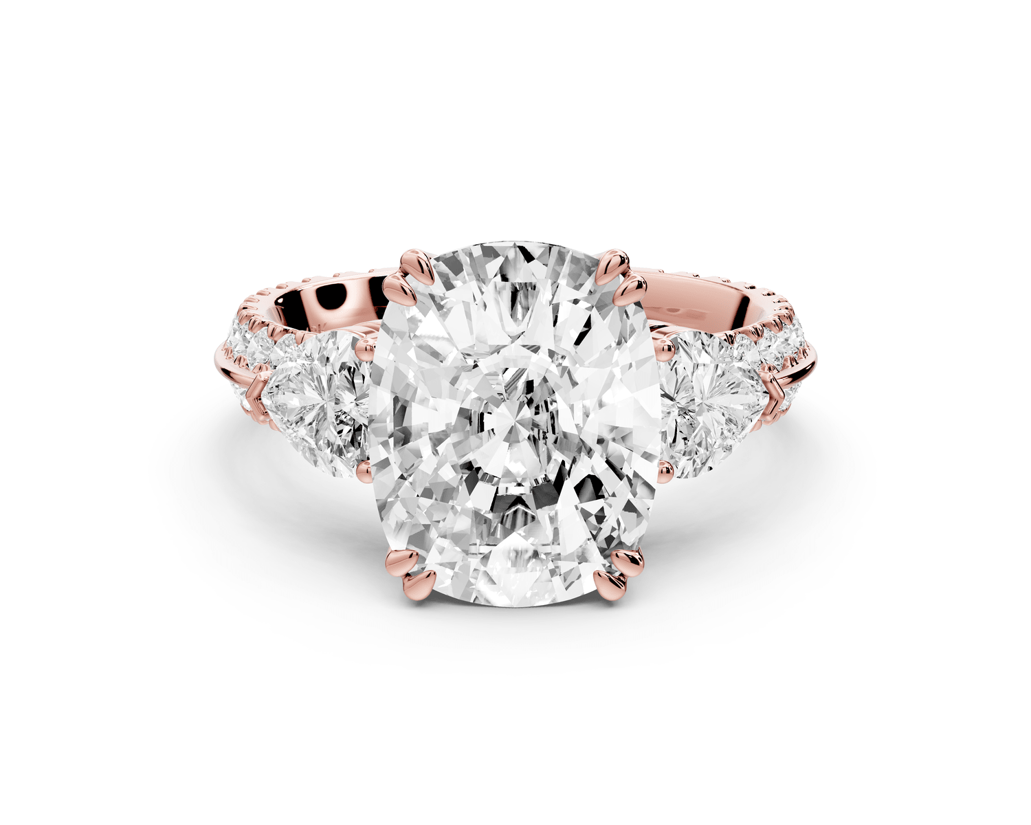 Elinor - 5ct 18k rose gold ecushion diamond Double talon prongs with two heart side stones and rollover pavé engagement ring - Mr. Alex Jewelry