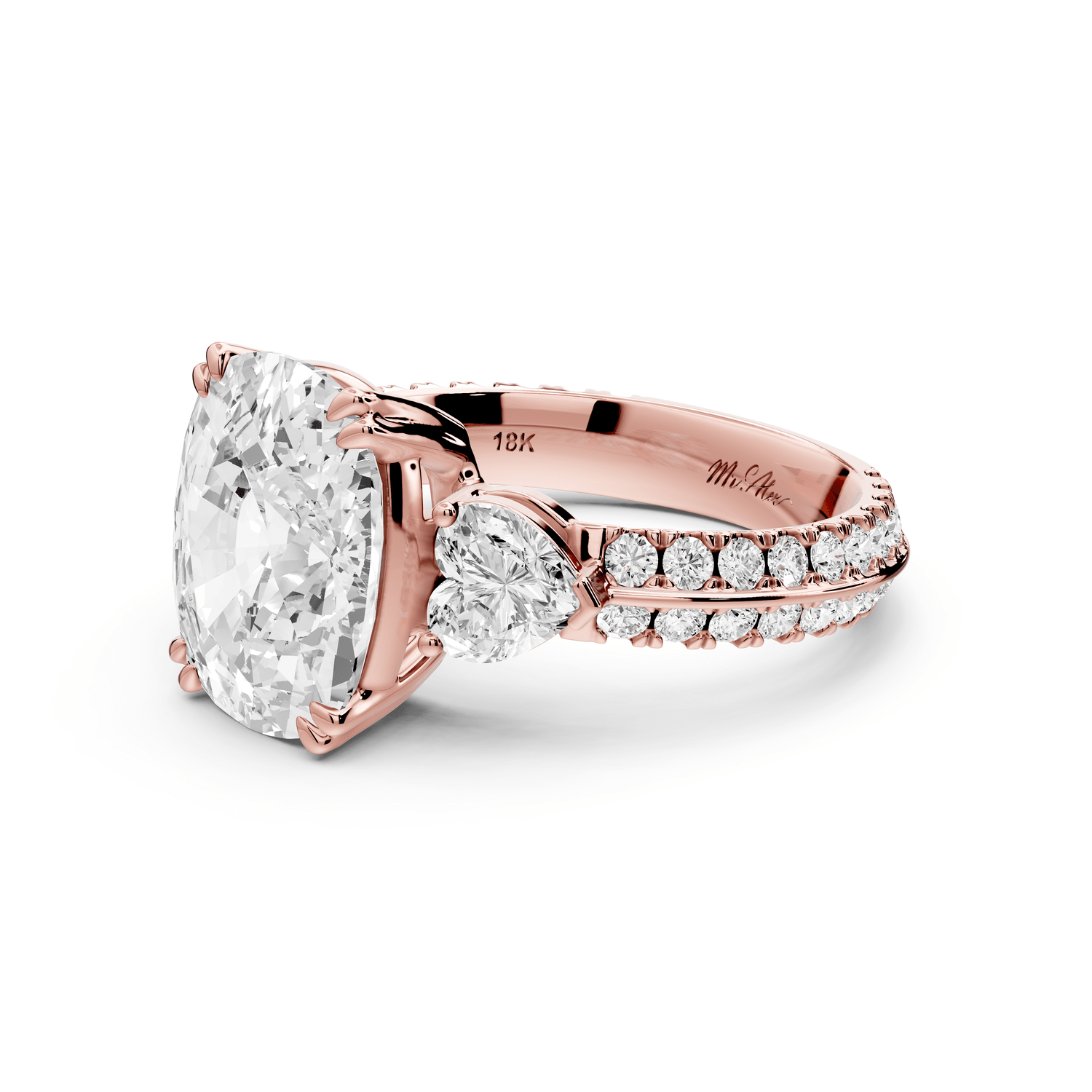 Elinor - 5ct 18k rose gold ecushion diamond Double talon prongs with two heart side stones and rollover pavé engagement ring - Mr. Alex Jewelry