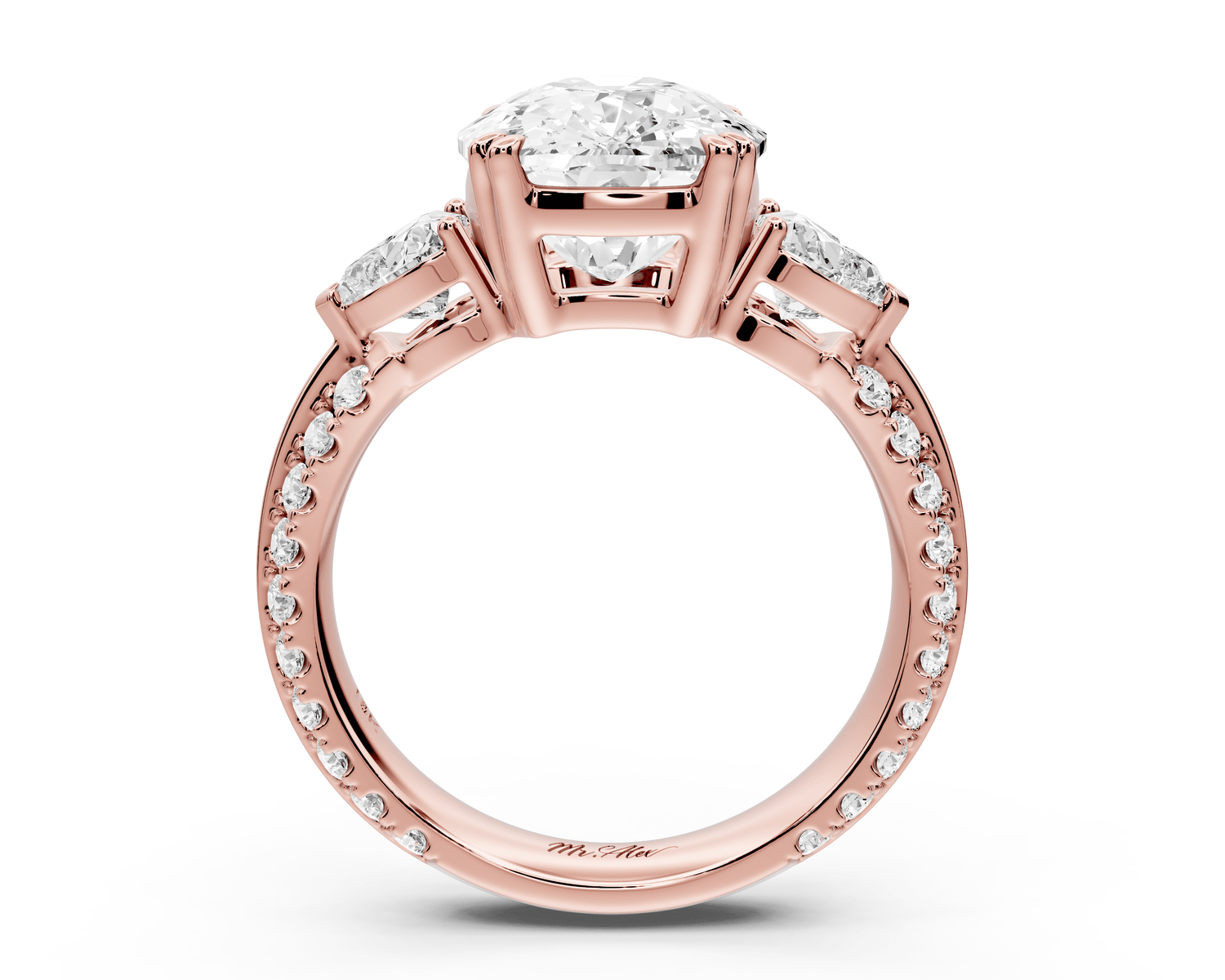 Elinor - 5ct 18k rose gold ecushion diamond Double talon prongs with two heart side stones and rollover pavé engagement ring - Mr. Alex Jewelry