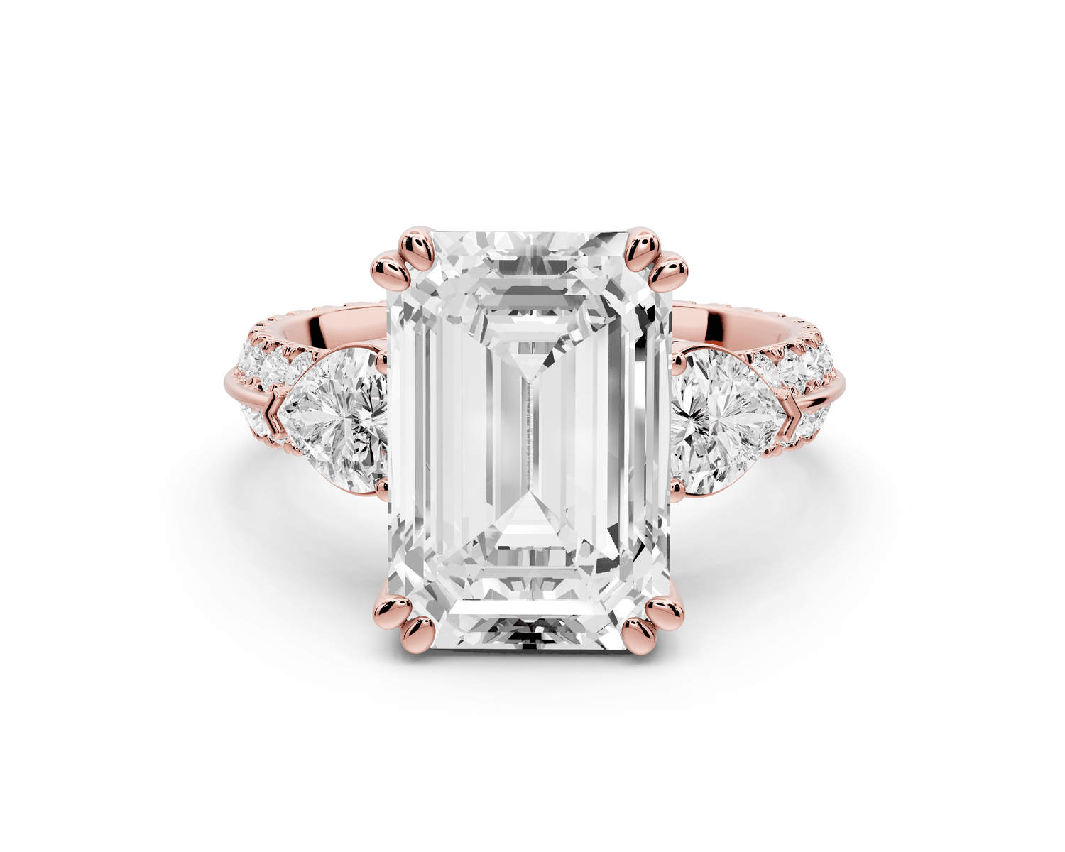 Elinor - 5ct 18k rose gold emerald diamond Double talon prongs with two heart side stones and rollover pavé engagement ring - Mr. Alex Jewelry