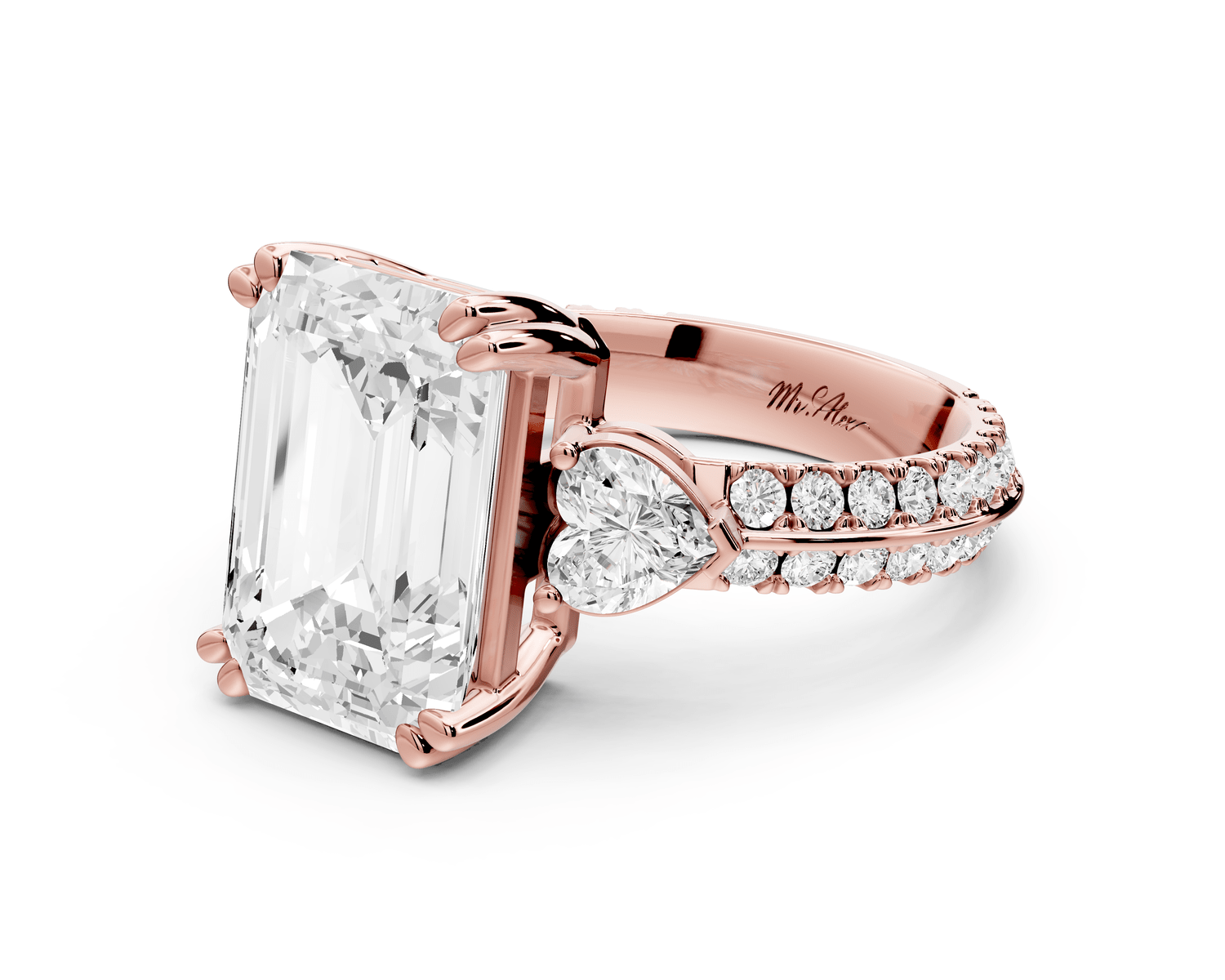 Elinor - 5ct 18k rose gold emerald diamond Double talon prongs with two heart side stones and rollover pavé engagement ring - Mr. Alex Jewelry