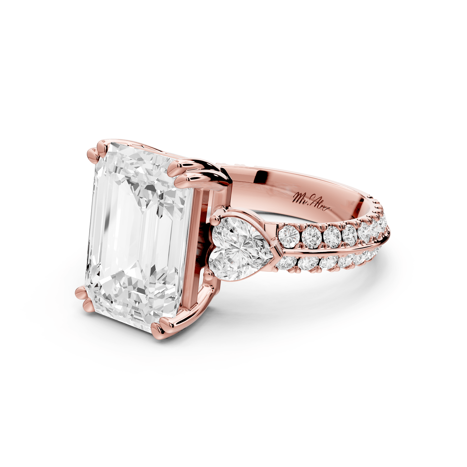 Elinor - 5ct 18k rose gold emerald diamond Double talon prongs with two heart side stones and rollover pavé engagement ring - Mr. Alex Jewelry