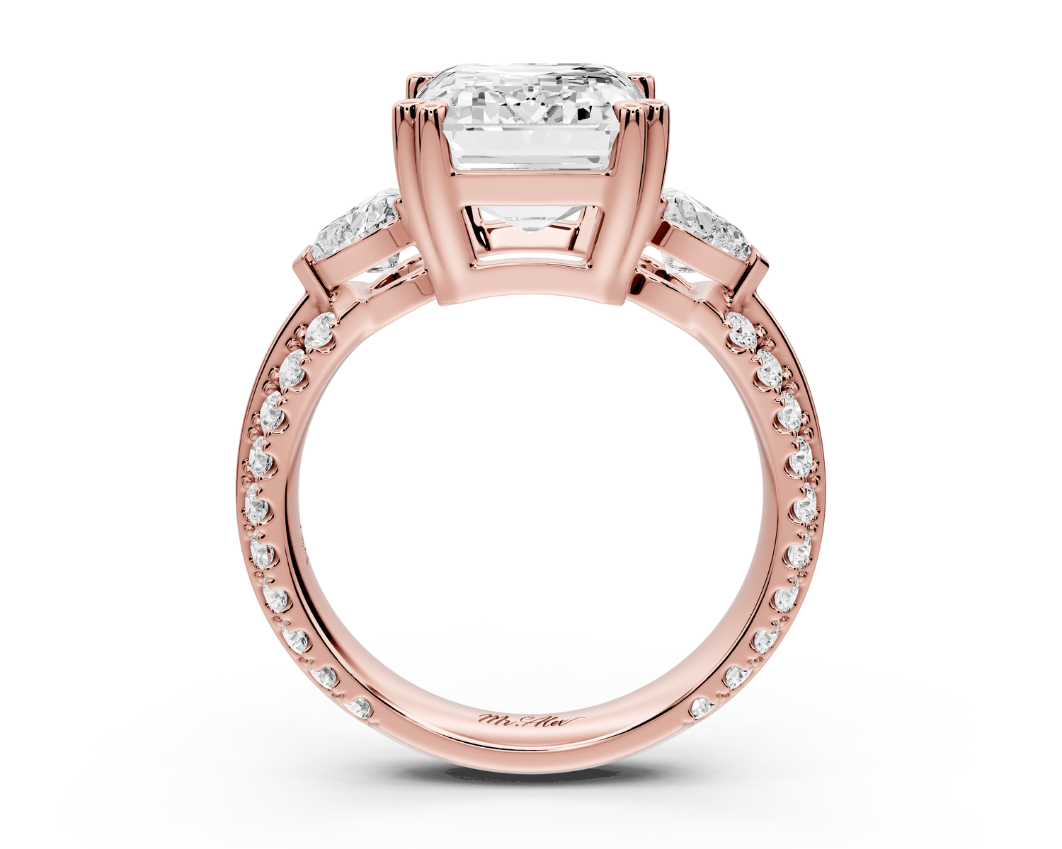 Elinor - 5ct 18k rose gold emerald diamond Double talon prongs with two heart side stones and rollover pavé engagement ring - Mr. Alex Jewelry