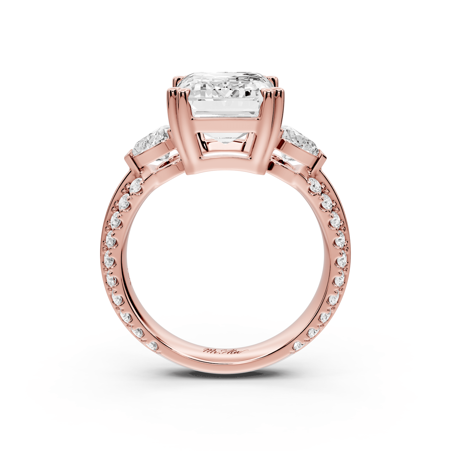 Elinor - 5ct 18k rose gold emerald diamond Double talon prongs with two heart side stones and rollover pavé engagement ring - Mr. Alex Jewelry