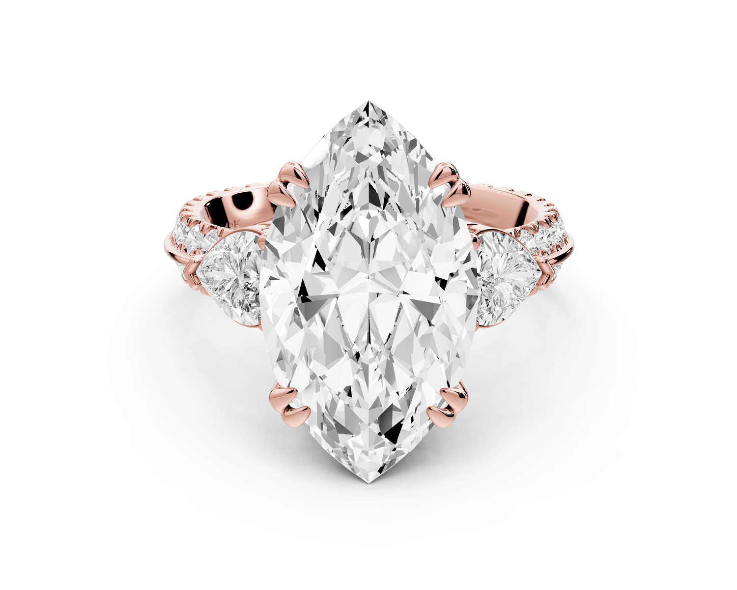 Elinor - 5ct 18k rose gold marquise diamond Double talon prongs with two heart side stones and rollover pavé engagement ring - Mr. Alex Jewelry
