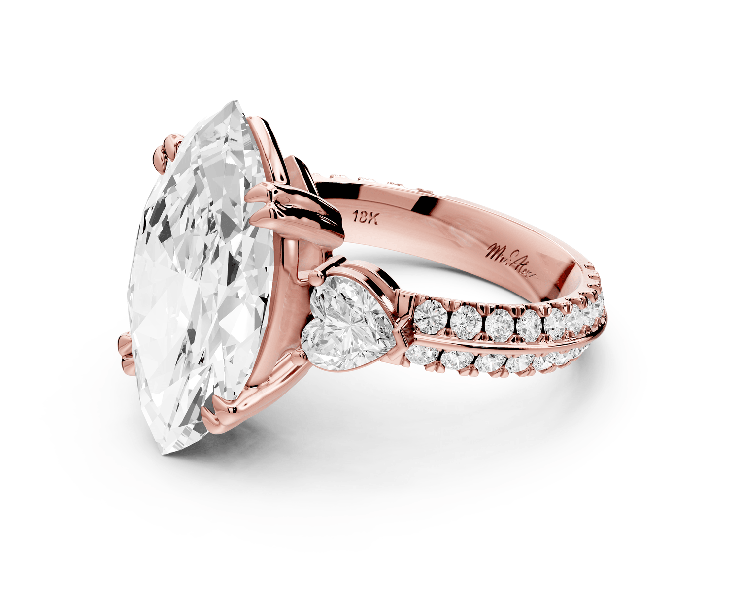 Elinor - 5ct 18k rose gold marquise diamond Double talon prongs with two heart side stones and rollover pavé engagement ring - Mr. Alex Jewelry