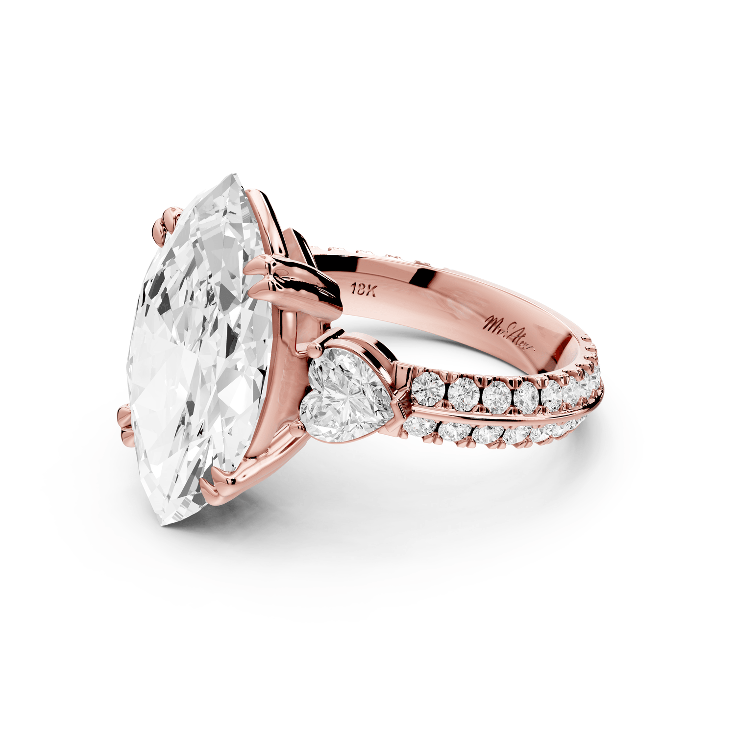 Elinor - 5ct 18k rose gold marquise diamond Double talon prongs with two heart side stones and rollover pavé engagement ring - Mr. Alex Jewelry