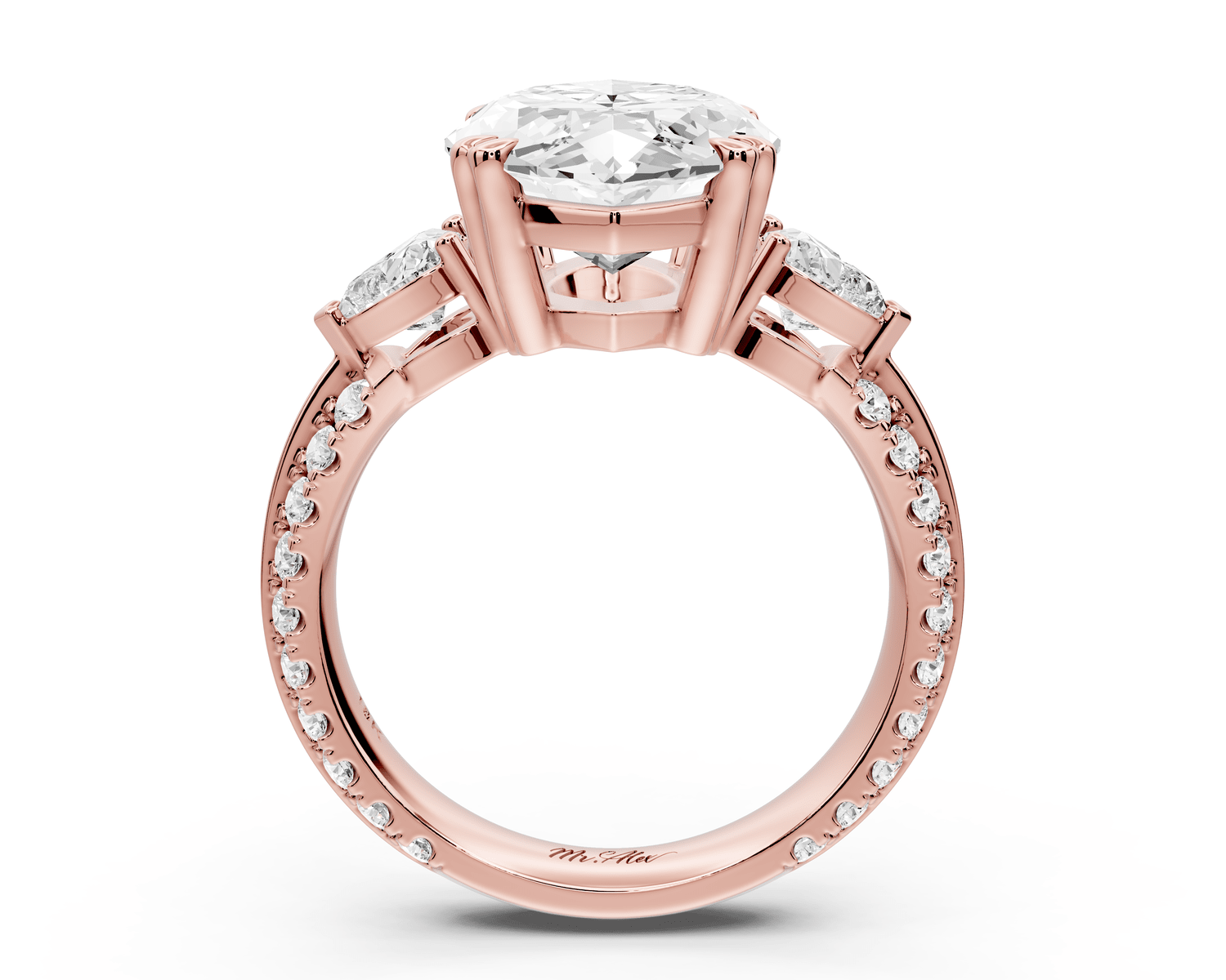 Elinor - 5ct 18k rose gold marquise diamond Double talon prongs with two heart side stones and rollover pavé engagement ring - Mr. Alex Jewelry