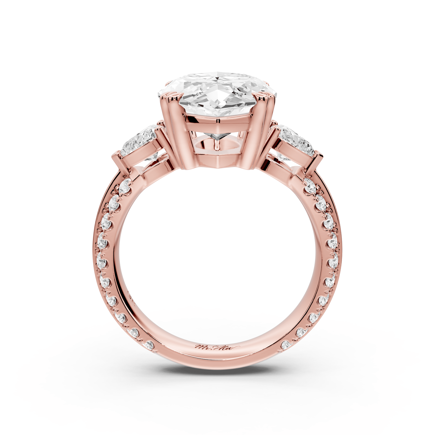 Elinor - 5ct 18k rose gold marquise diamond Double talon prongs with two heart side stones and rollover pavé engagement ring - Mr. Alex Jewelry