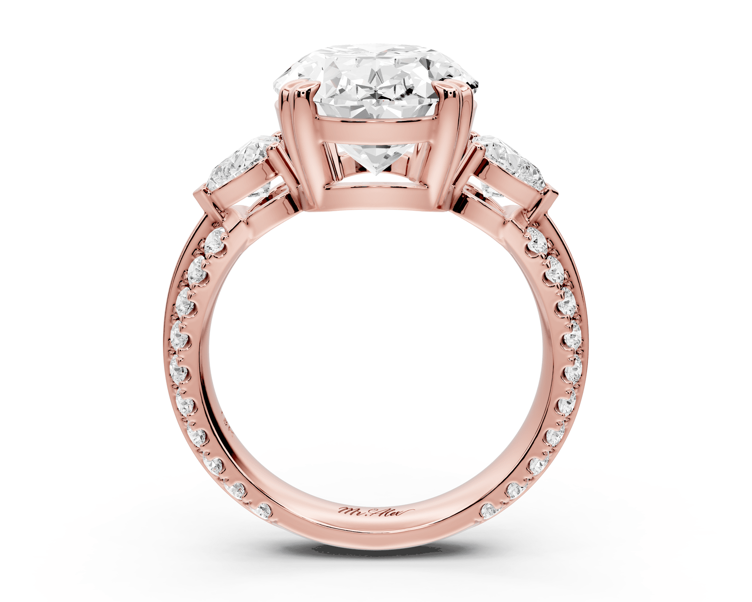 Elinor - 5ct 18k rose gold oval diamond Double talon prongs with two heart side stones and rollover pavé engagement ring - Mr. Alex Jewelry