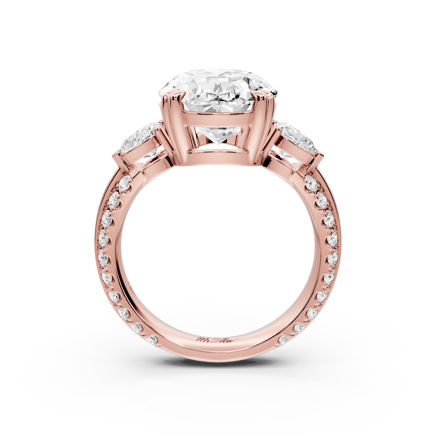 Elinor - 5ct 18k rose gold oval diamond Double talon prongs with two heart side stones and rollover pavé engagement ring - Mr. Alex Jewelry