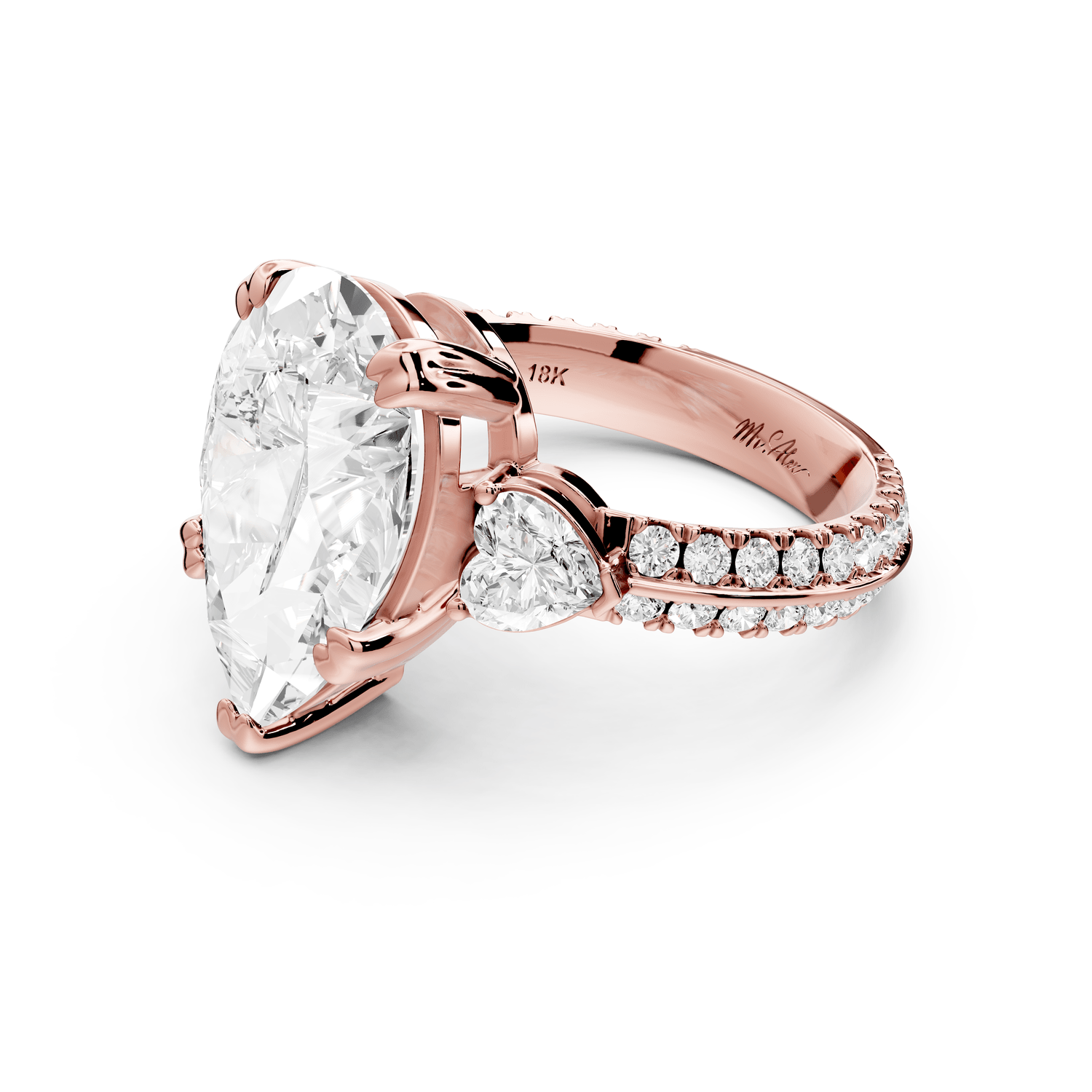 Elinor - 5ct 18k rose gold pear diamond Double talon prongs with two heart side stones and rollover pavé engagement ring - Mr. Alex Jewelry