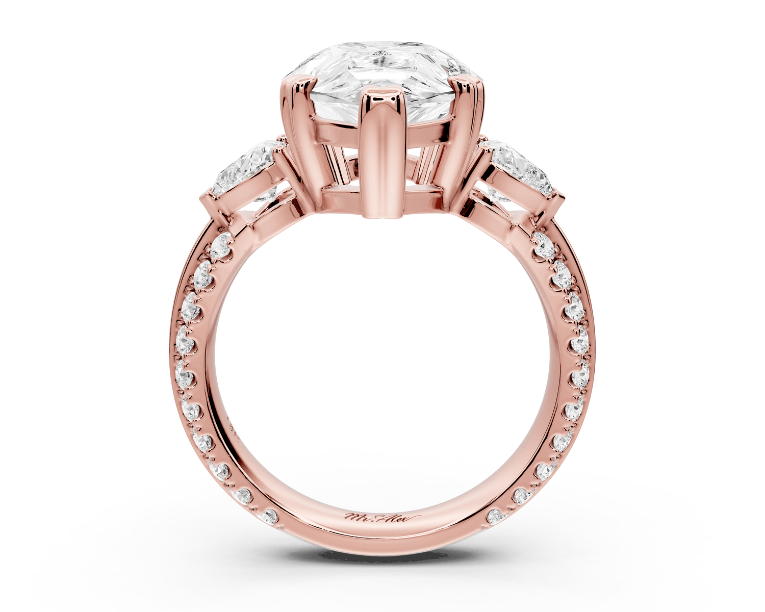 Elinor - 5ct 18k rose gold pear diamond Double talon prongs with two heart side stones and rollover pavé engagement ring - Mr. Alex Jewelry