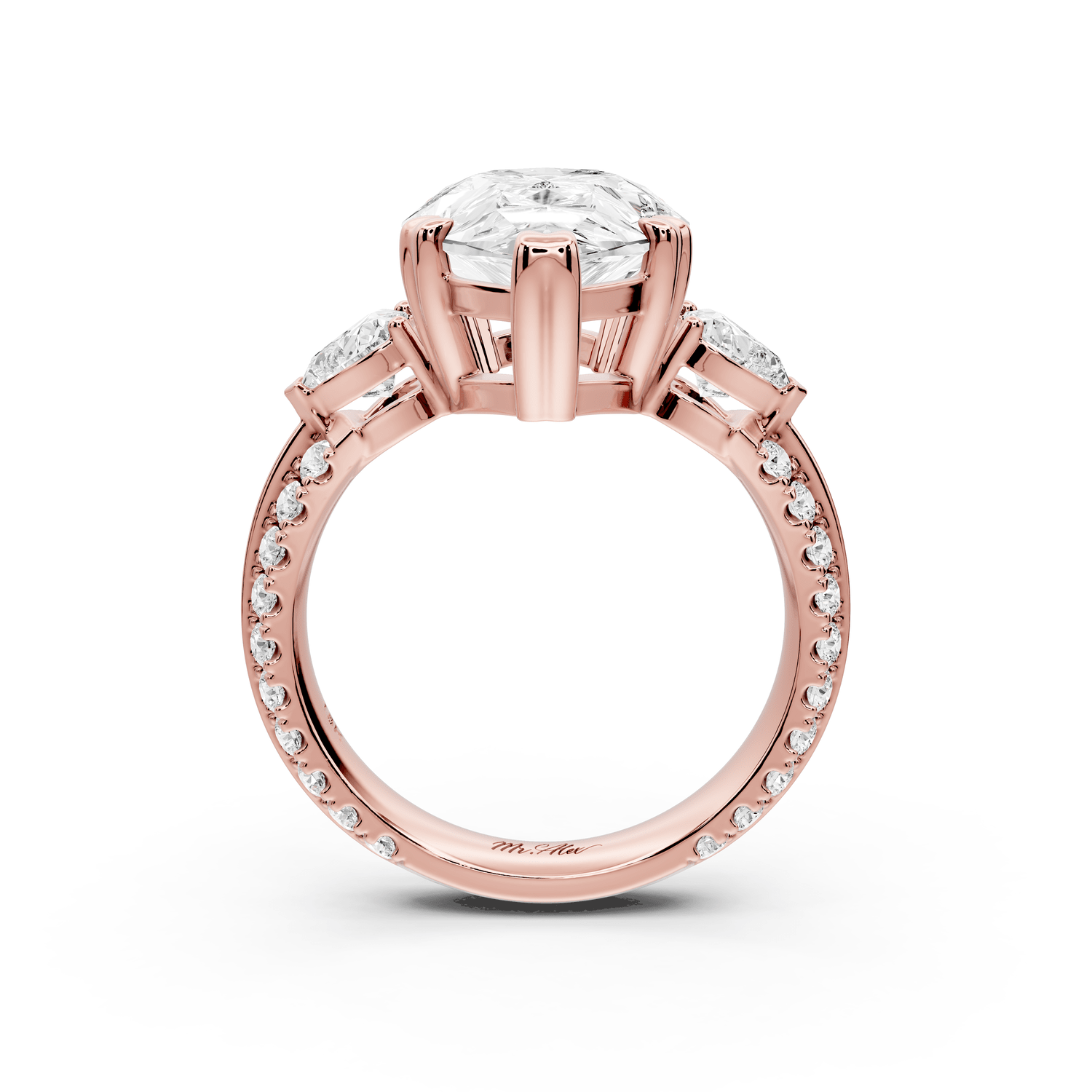 Elinor - 5ct 18k rose gold pear diamond Double talon prongs with two heart side stones and rollover pavé engagement ring - Mr. Alex Jewelry