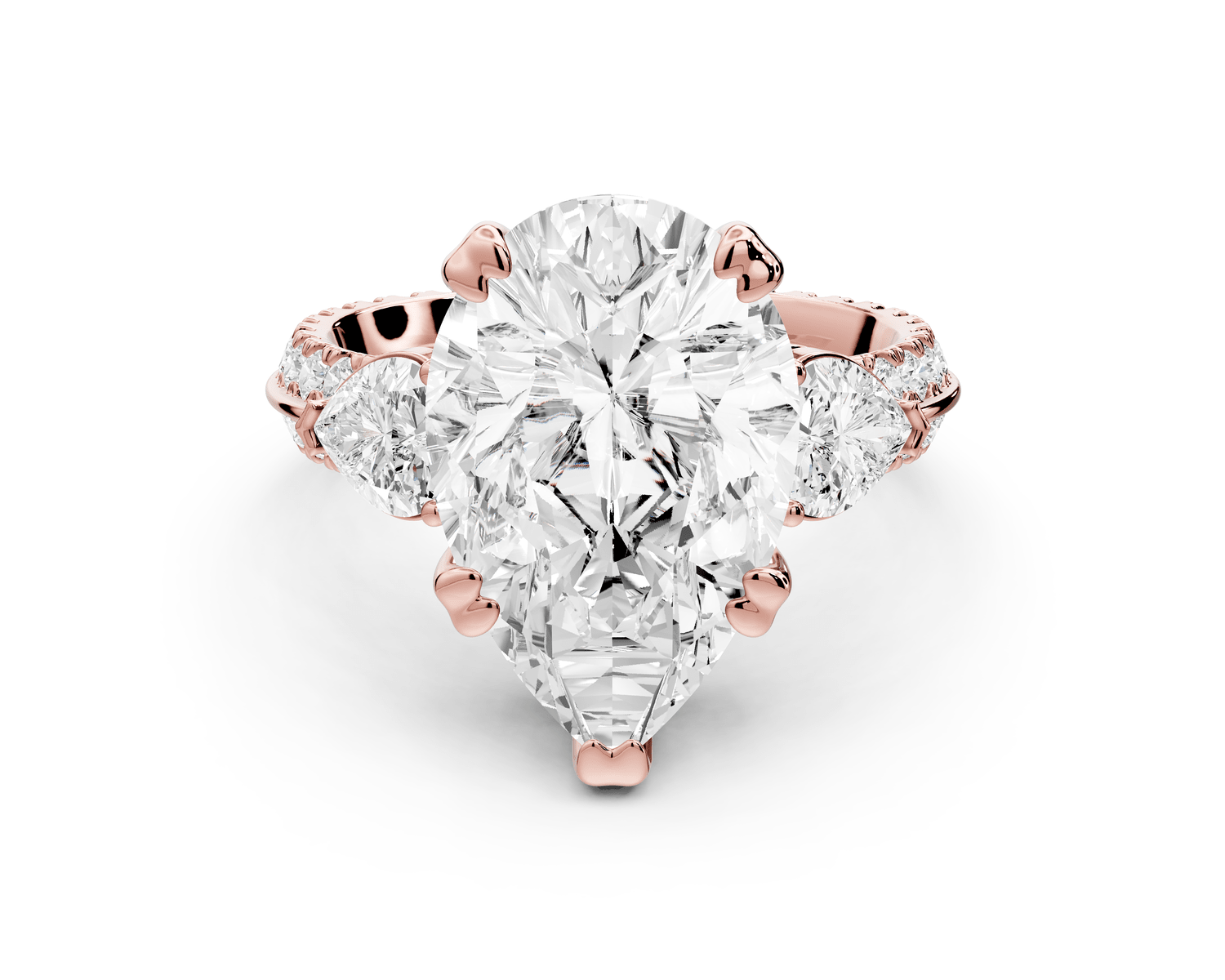 Elinor - 5ct 18k rose gold pear diamond Double talon prongs with two heart side stones and rollover pavé engagement ring - Mr. Alex Jewelry