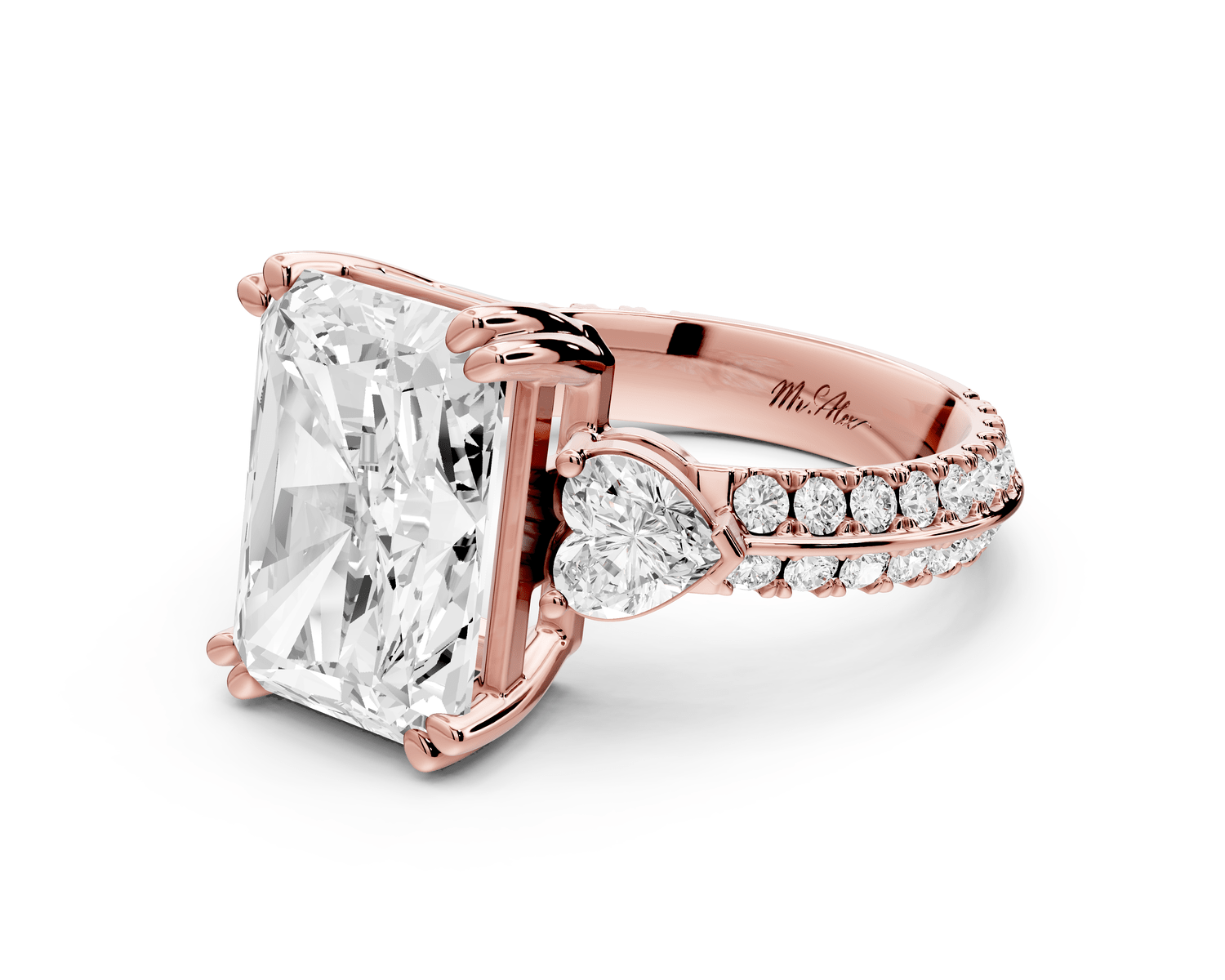 Elinor - 5ct 18k rose gold radiant diamond Double talon prongs with two heart side stones and rollover pavé engagement ring - Mr. Alex Jewelry