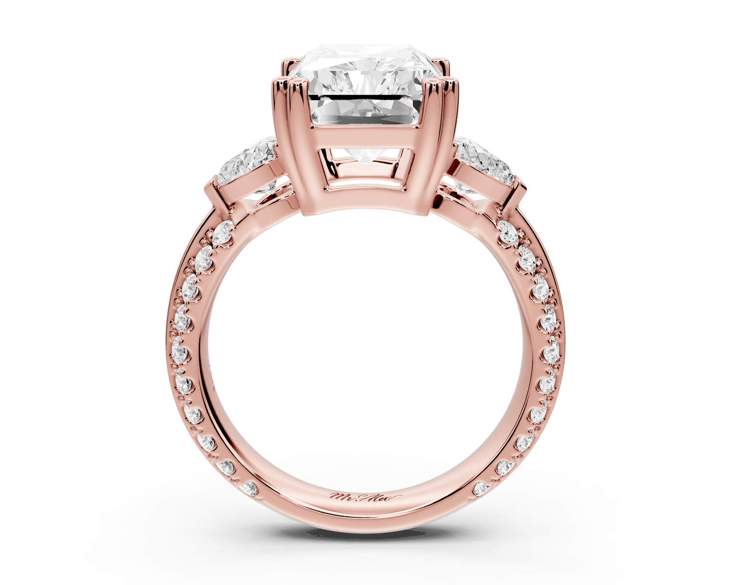 Elinor - 5ct 18k rose gold radiant diamond Double talon prongs with two heart side stones and rollover pavé engagement ring - Mr. Alex Jewelry