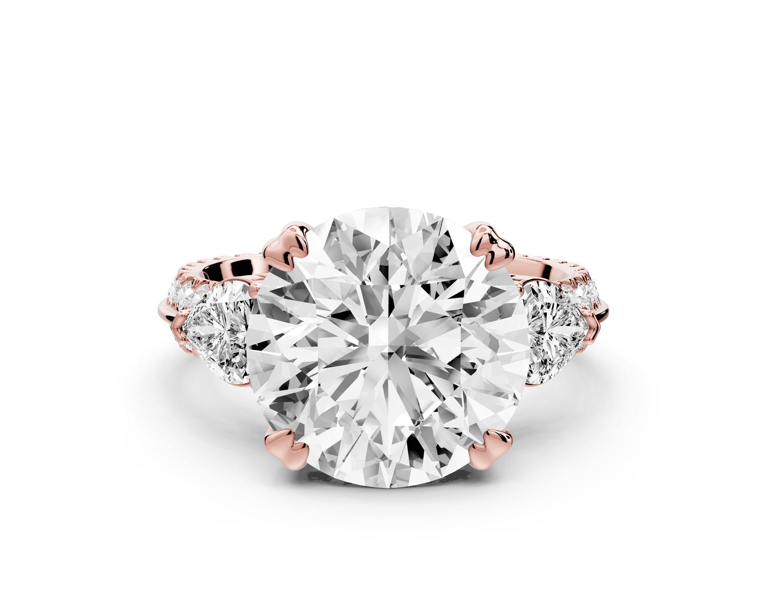 Elinor - 5ct 18k rose gold round diamond Double talon prongs with two heart side stones and rollover pavé engagement ring - Mr. Alex Jewelry