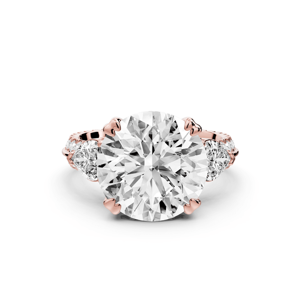 Elinor - 5ct 18k rose gold round diamond Double talon prongs with two heart side stones and rollover pavé engagement ring - Mr. Alex Jewelry