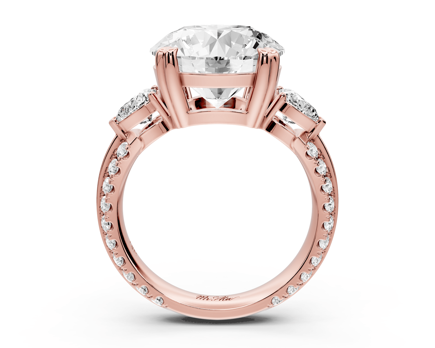 Elinor - 5ct 18k rose gold round diamond Double talon prongs with two heart side stones and rollover pavé engagement ring - Mr. Alex Jewelry