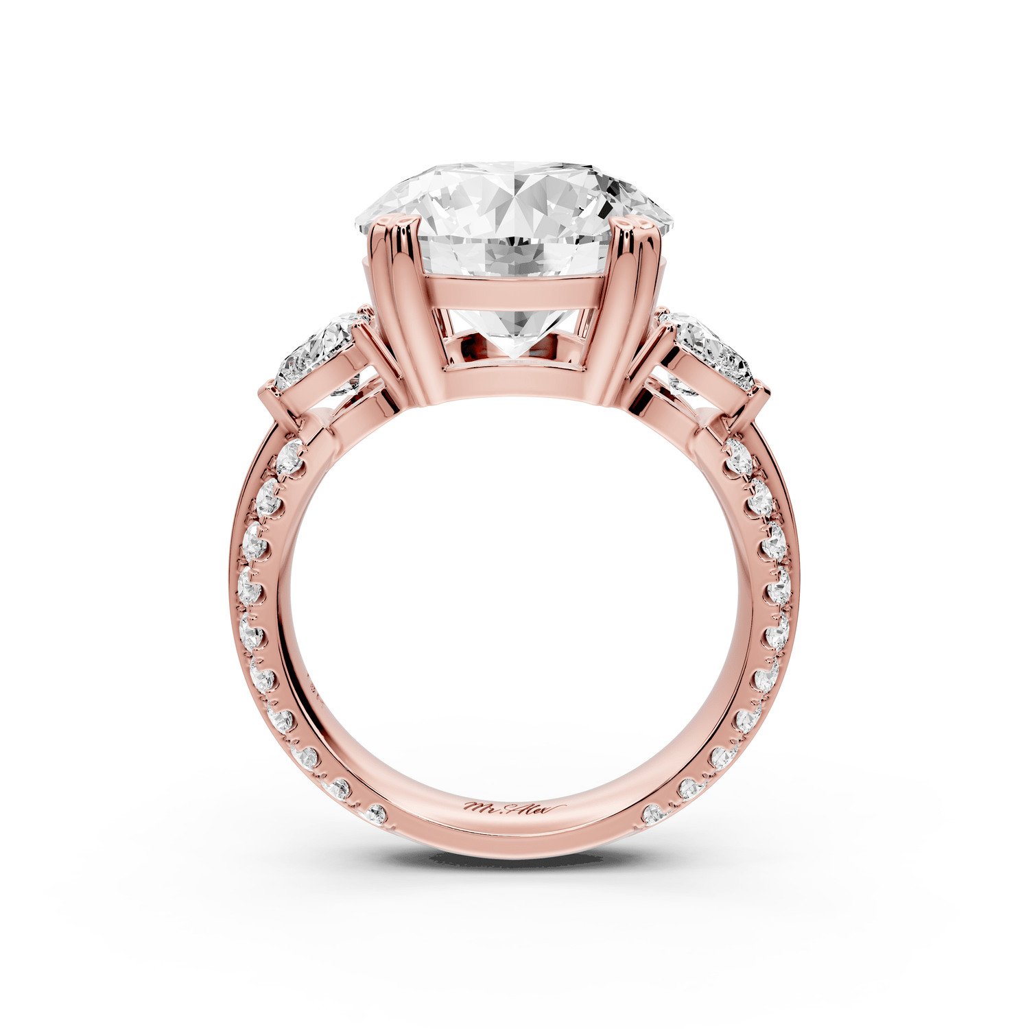 Elinor - 5ct 18k rose gold round diamond Double talon prongs with two heart side stones and rollover pavé engagement ring - Mr. Alex Jewelry