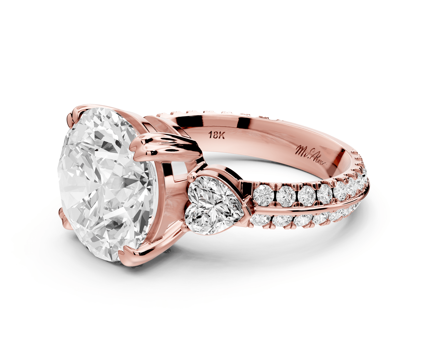 Elinor - 5ct 18k rose gold round diamond Double talon prongs with two heart side stones and rollover pavé engagement ring - Mr. Alex Jewelry