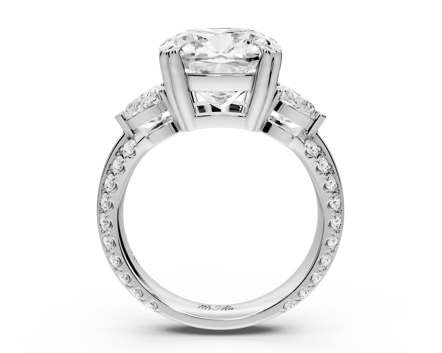 Elinor - 5ct 18k white gold cushion diamond Double talon prongs with two heart side stones and rollover pavé engagement ring - Mr. Alex Jewelry