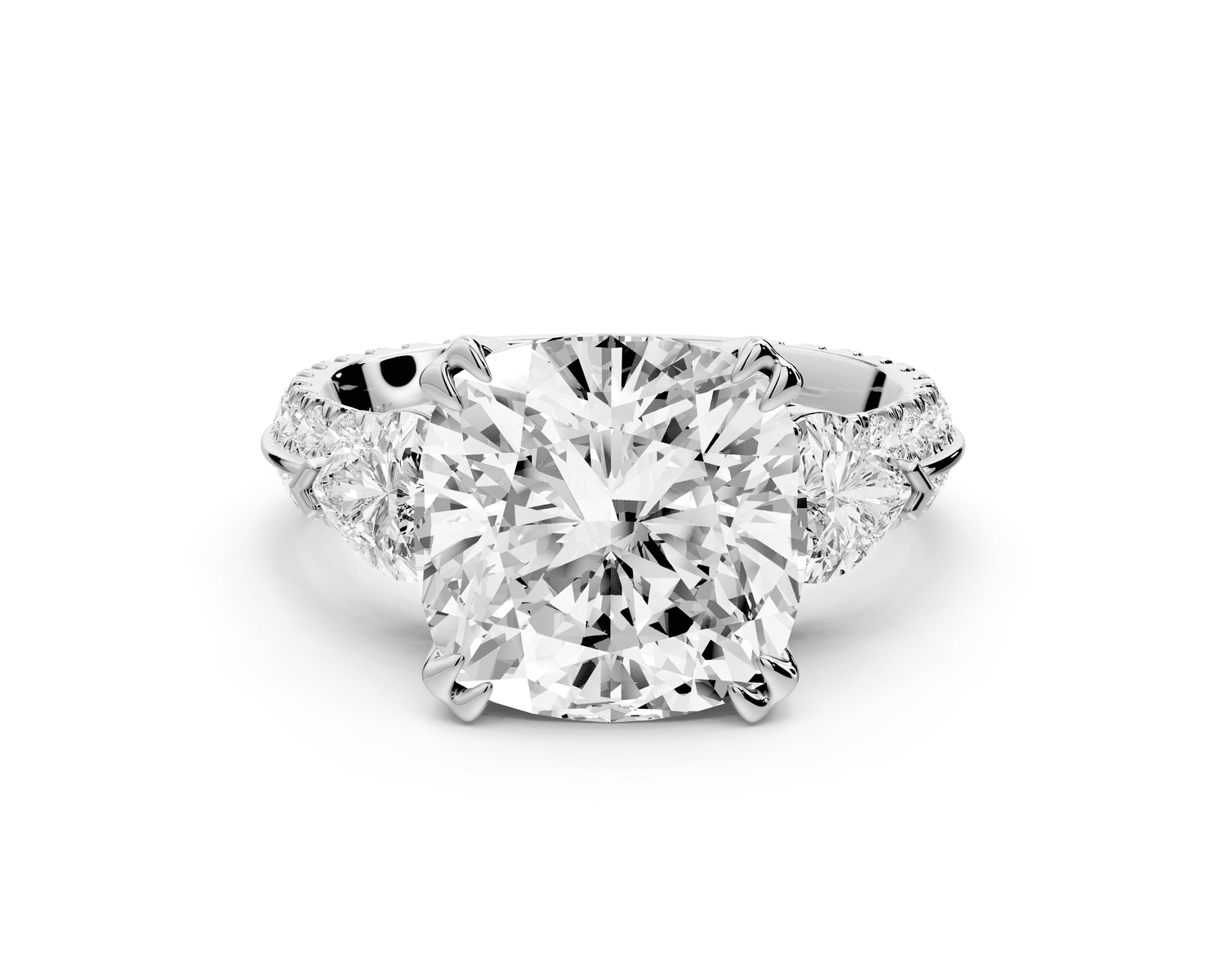 Elinor - 5ct 18k white gold cushion diamond Double talon prongs with two heart side stones and rollover pavé engagement ring - Mr. Alex Jewelry