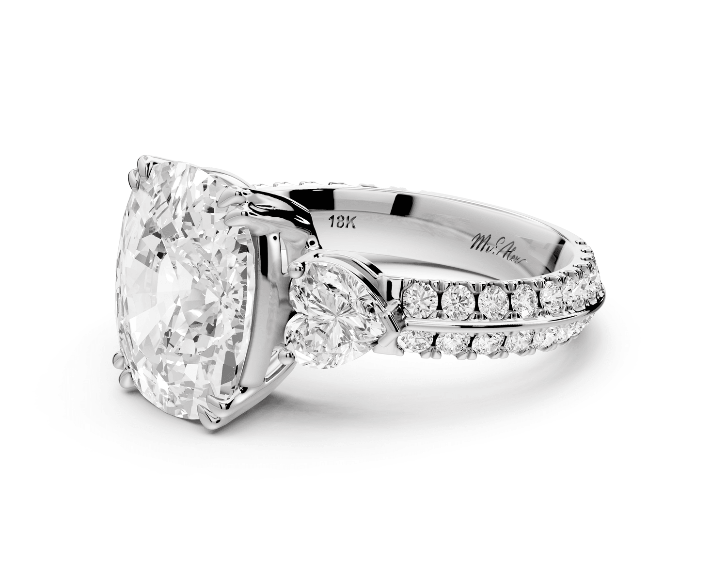 Elinor - 5ct 18k white gold ecushion diamond Double talon prongs with two heart side stones and rollover pavé engagement ring - Mr. Alex Jewelry