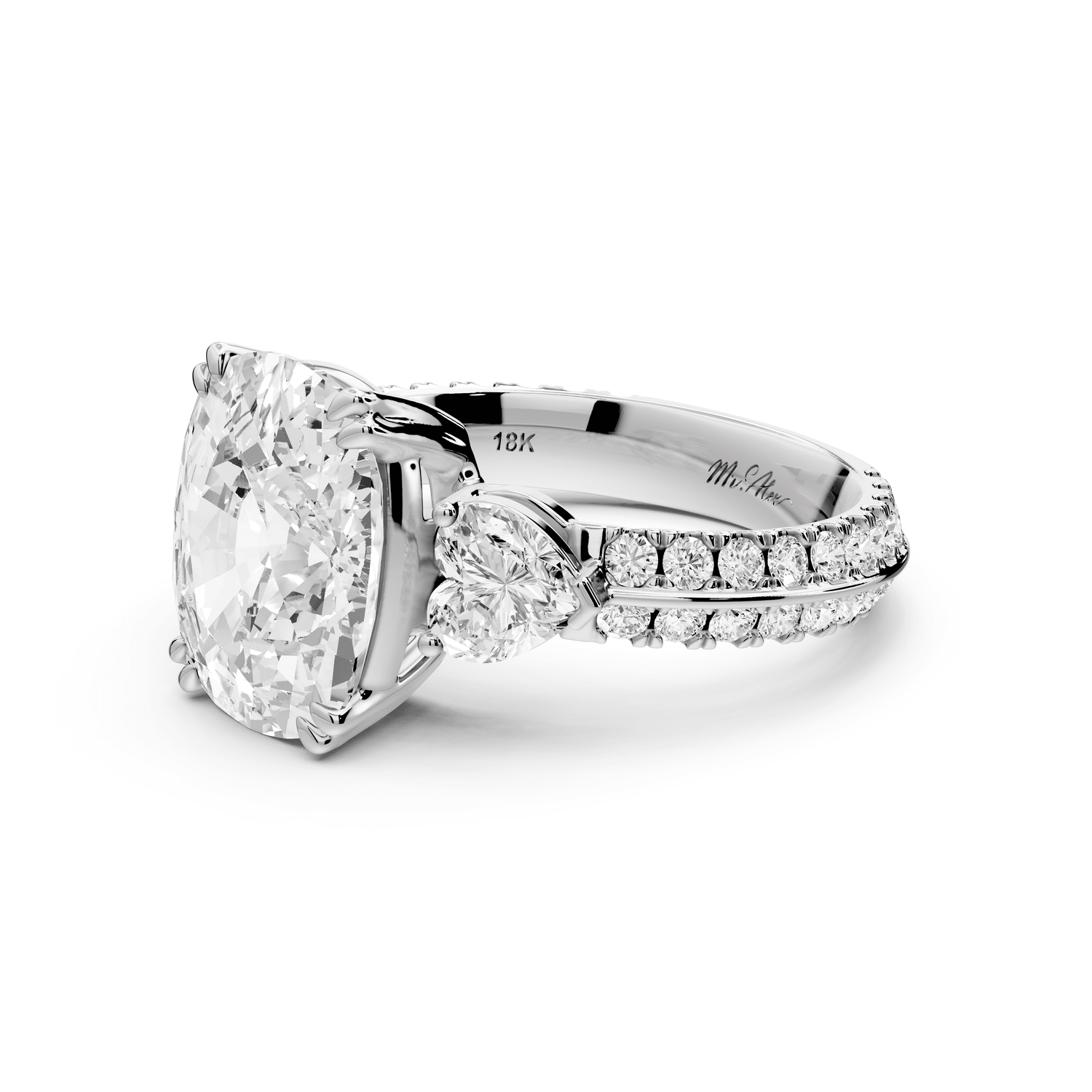 Elinor - 5ct 18k white gold ecushion diamond Double talon prongs with two heart side stones and rollover pavé engagement ring - Mr. Alex Jewelry