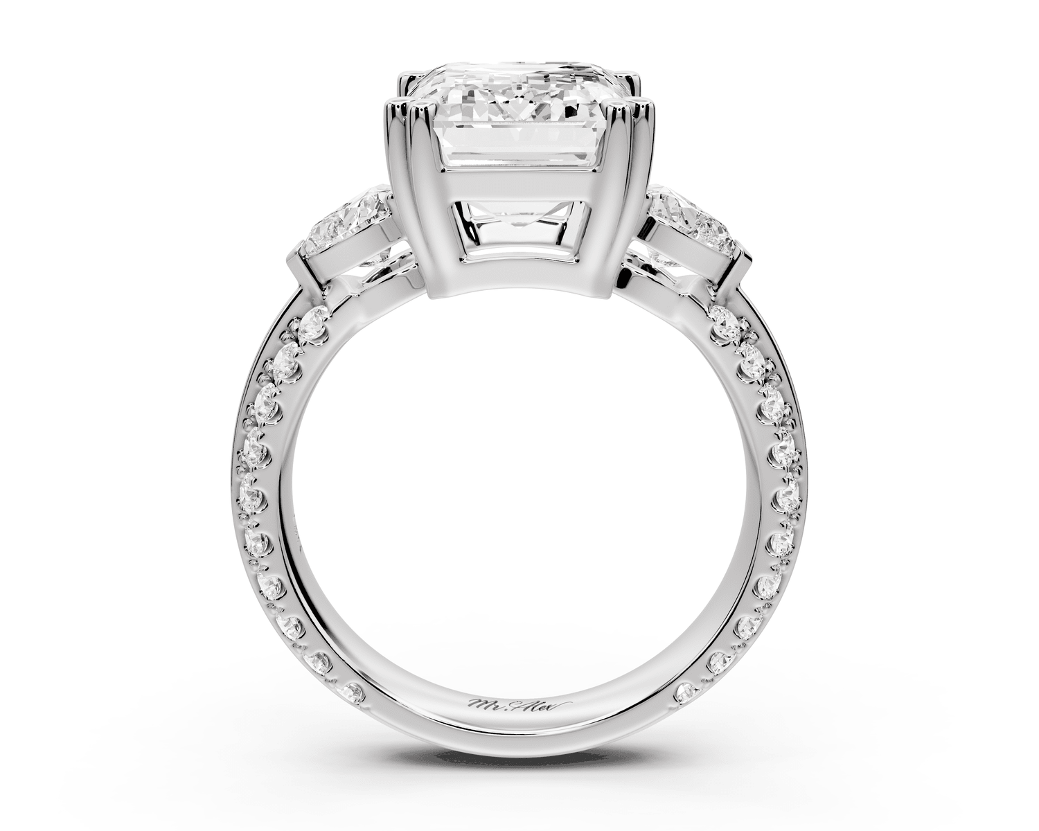Elinor - 5ct 18k white gold emerald diamond Double talon prongs with two heart side stones and rollover pavé engagement ring - Mr. Alex Jewelry