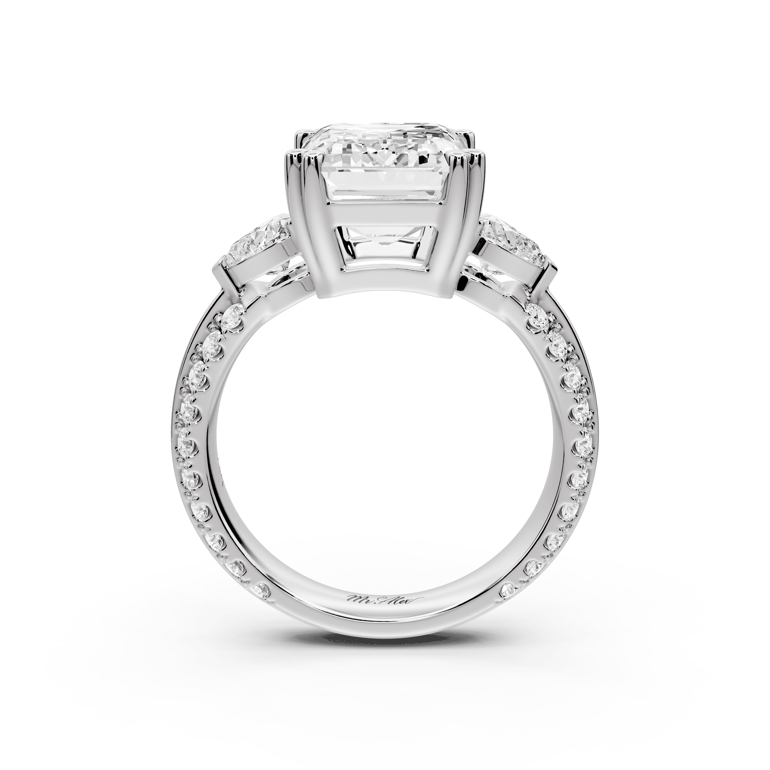 Elinor - 5ct 18k white gold emerald diamond Double talon prongs with two heart side stones and rollover pavé engagement ring - Mr. Alex Jewelry