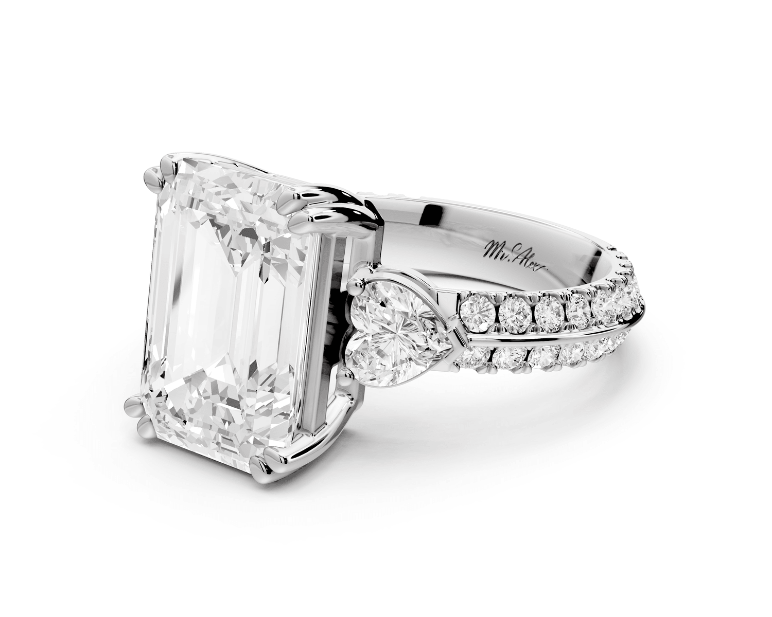 Elinor - 5ct 18k white gold emerald diamond Double talon prongs with two heart side stones and rollover pavé engagement ring - Mr. Alex Jewelry