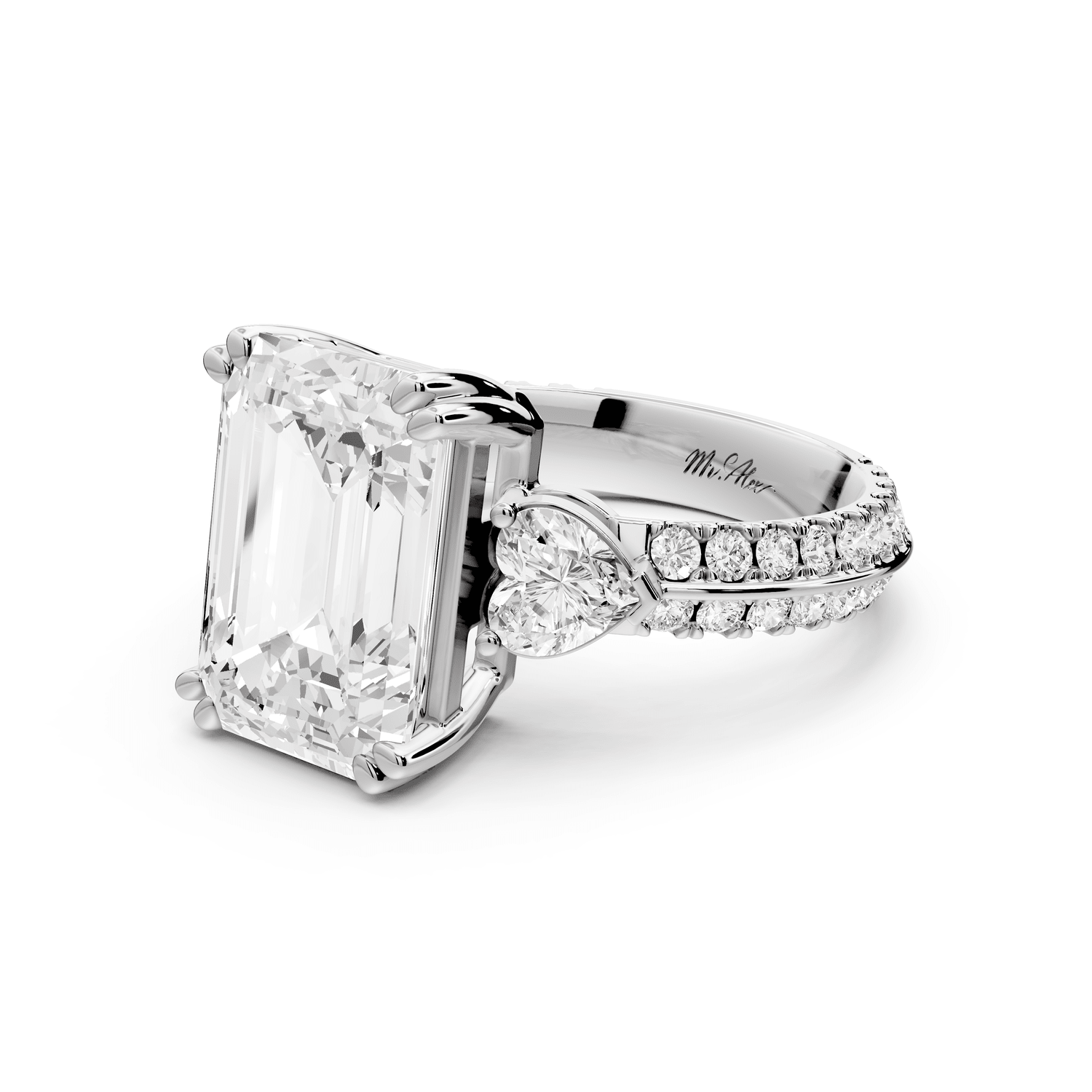 Elinor - 5ct 18k white gold emerald diamond Double talon prongs with two heart side stones and rollover pavé engagement ring - Mr. Alex Jewelry