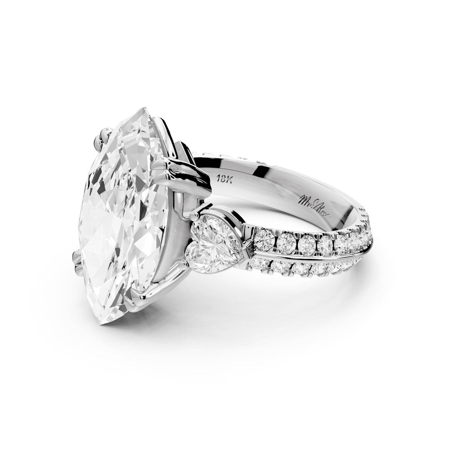 Elinor - 5ct 18k white gold marquise diamond Double talon prongs with two heart side stones and rollover pavé engagement ring - Mr. Alex Jewelry