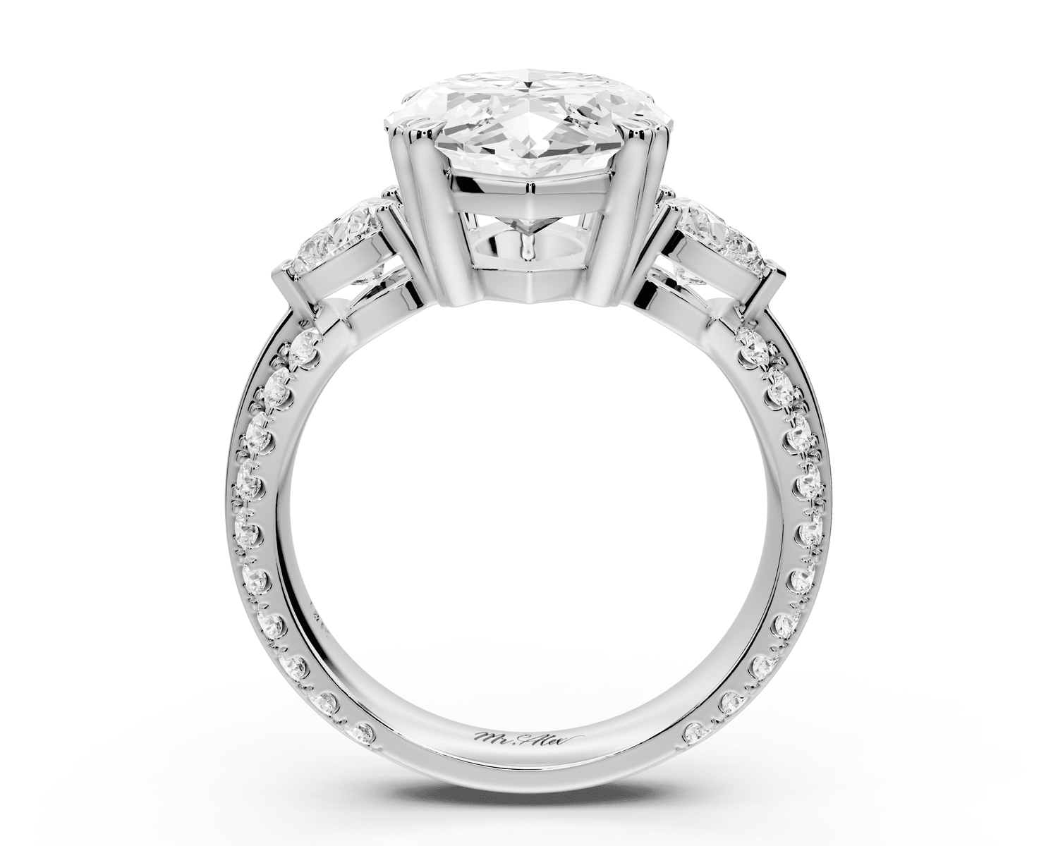 Elinor - 5ct 18k white gold marquise diamond Double talon prongs with two heart side stones and rollover pavé engagement ring - Mr. Alex Jewelry