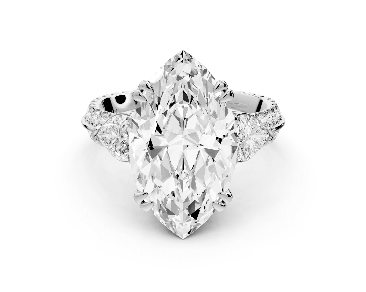 Elinor - 5ct 18k white gold marquise diamond Double talon prongs with two heart side stones and rollover pavé engagement ring - Mr. Alex Jewelry