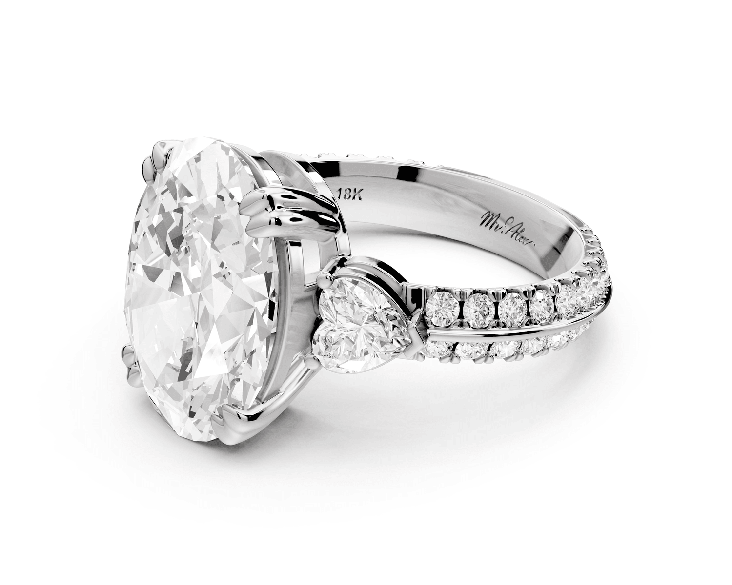 Elinor - 5ct 18k white gold oval diamond Double talon prongs with two heart side stones and rollover pavé engagement ring - Mr. Alex Jewelry