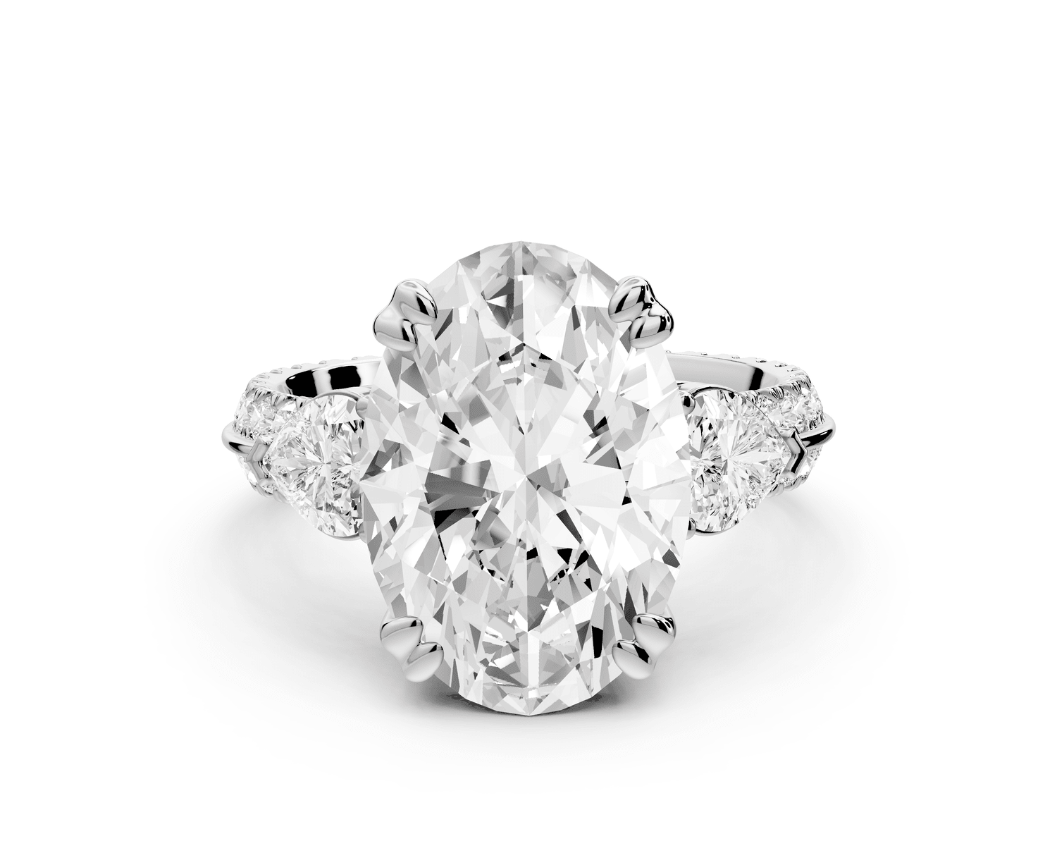 Elinor - 5ct 18k white gold oval diamond Double talon prongs with two heart side stones and rollover pavé engagement ring - Mr. Alex Jewelry
