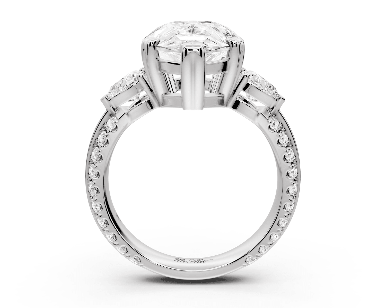 Elinor - 5ct 18k white gold pear diamond Double talon prongs with two heart side stones and rollover pavé engagement ring - Mr. Alex Jewelry