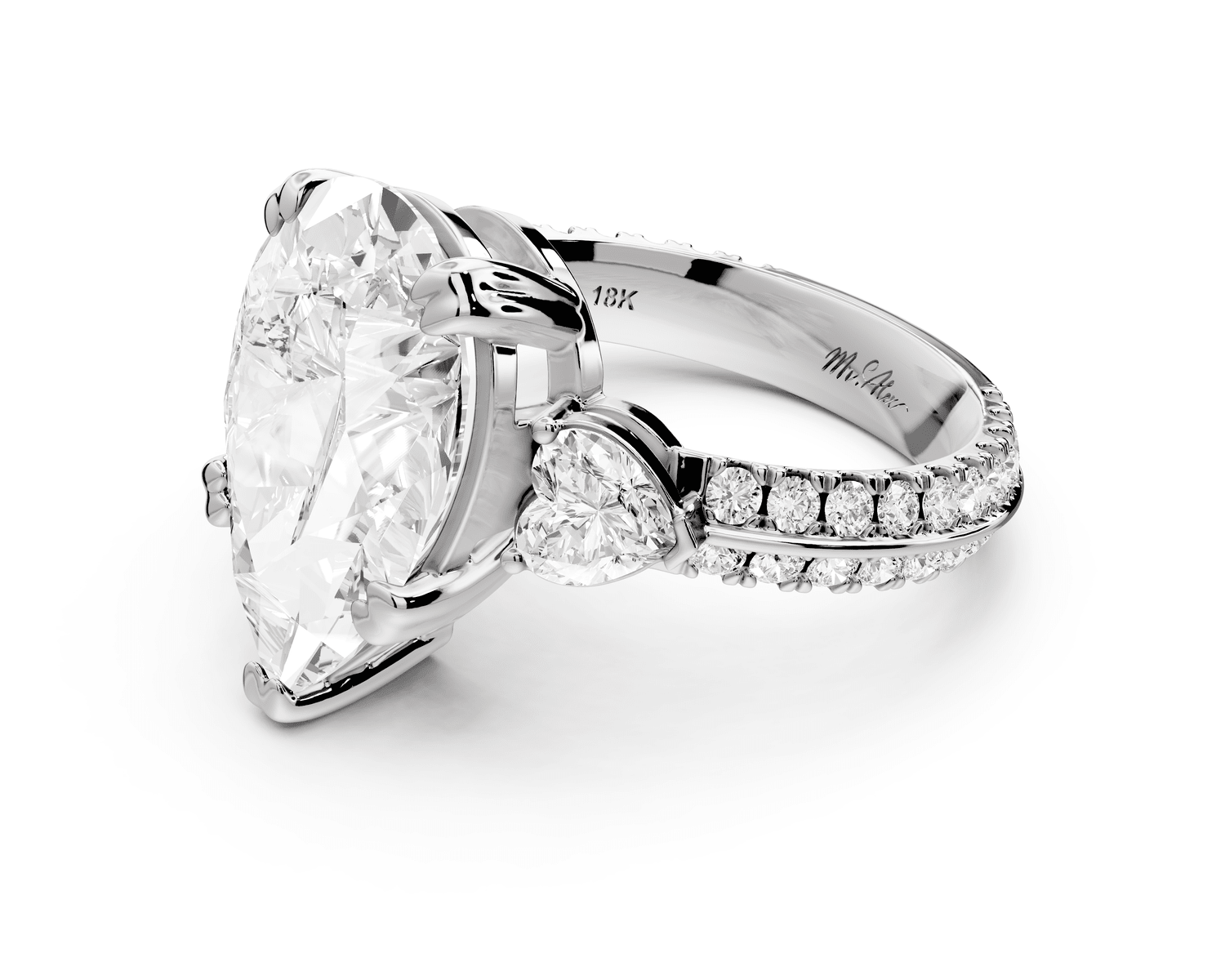 Elinor - 5ct 18k white gold pear diamond Double talon prongs with two heart side stones and rollover pavé engagement ring - Mr. Alex Jewelry