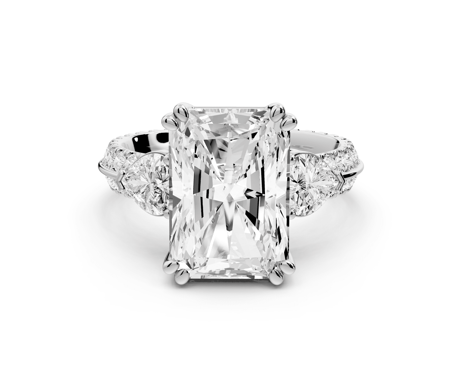 Elinor - 5ct 18k white gold radiant diamond Double talon prongs with two heart side stones and rollover pavé engagement ring - Mr. Alex Jewelry