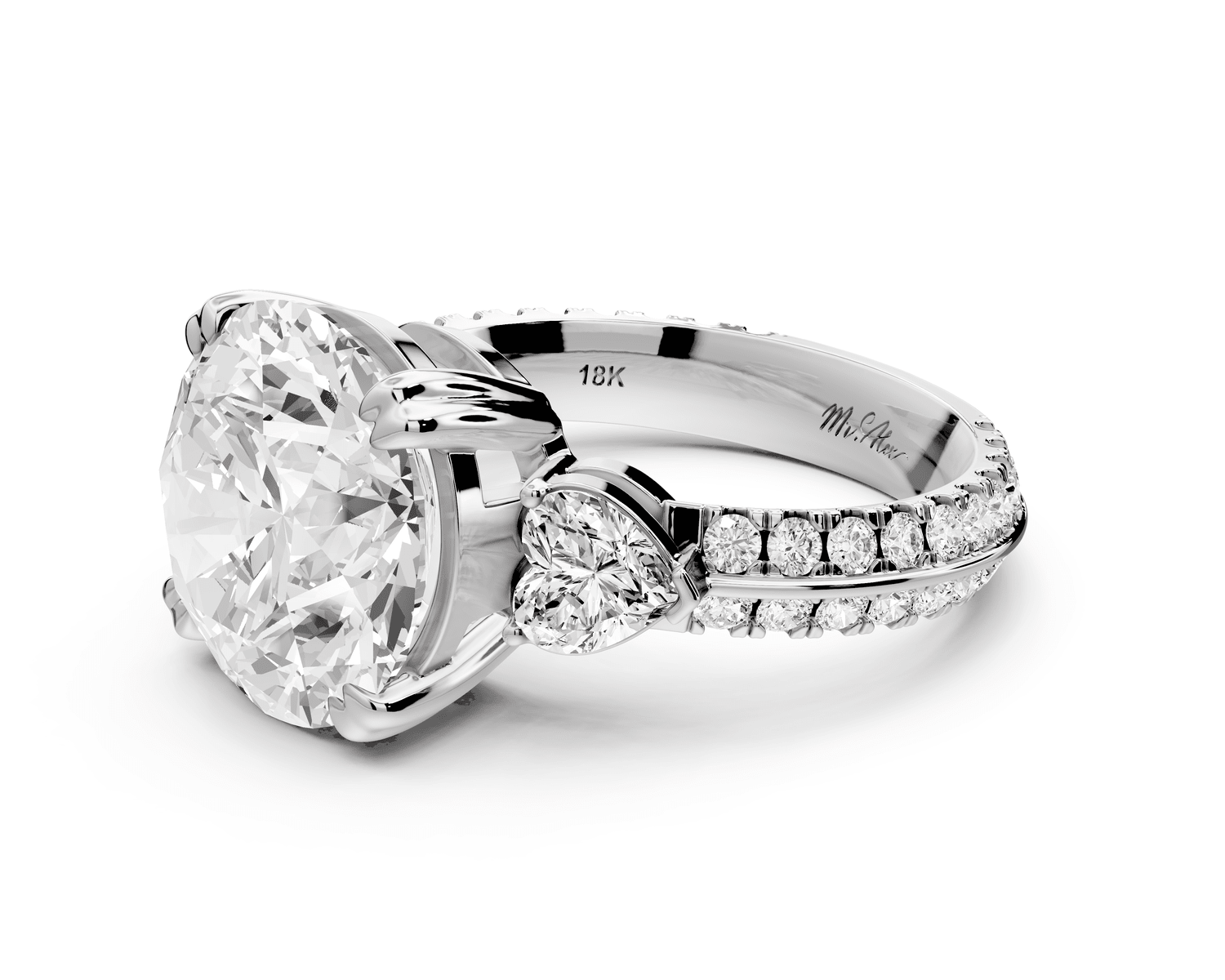 Elinor - 5ct 18k white gold round diamond Double talon prongs with two heart side stones and rollover pavé engagement ring - Mr. Alex Jewelry